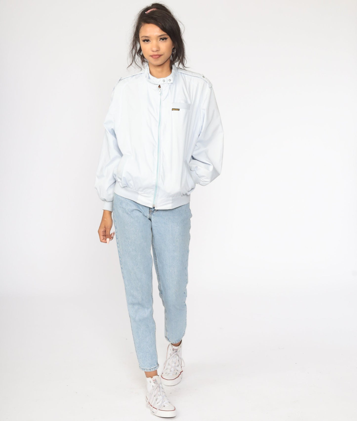 80s Grey Bomber Jacket Cafe Racer Windbreaker Blue Zipper Large