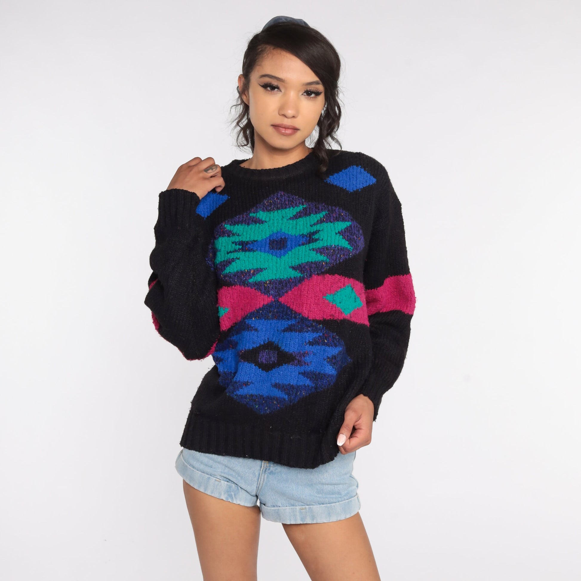 80s Southwestern Tribal Sweater Black Wool Blend Aztec Pullover Large