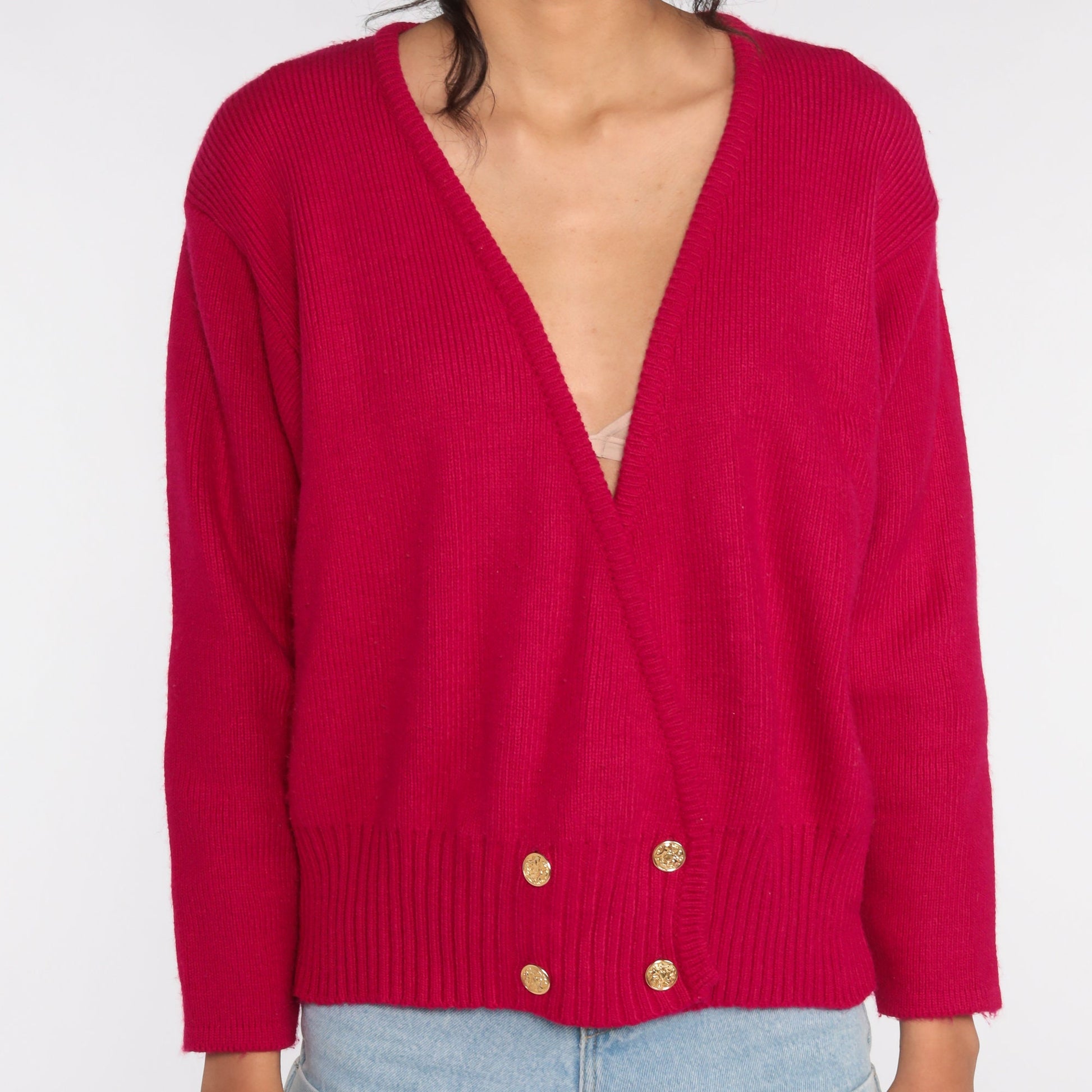 90s Deep Pink Cardigan Sweater Double Breasted Button Up Medium