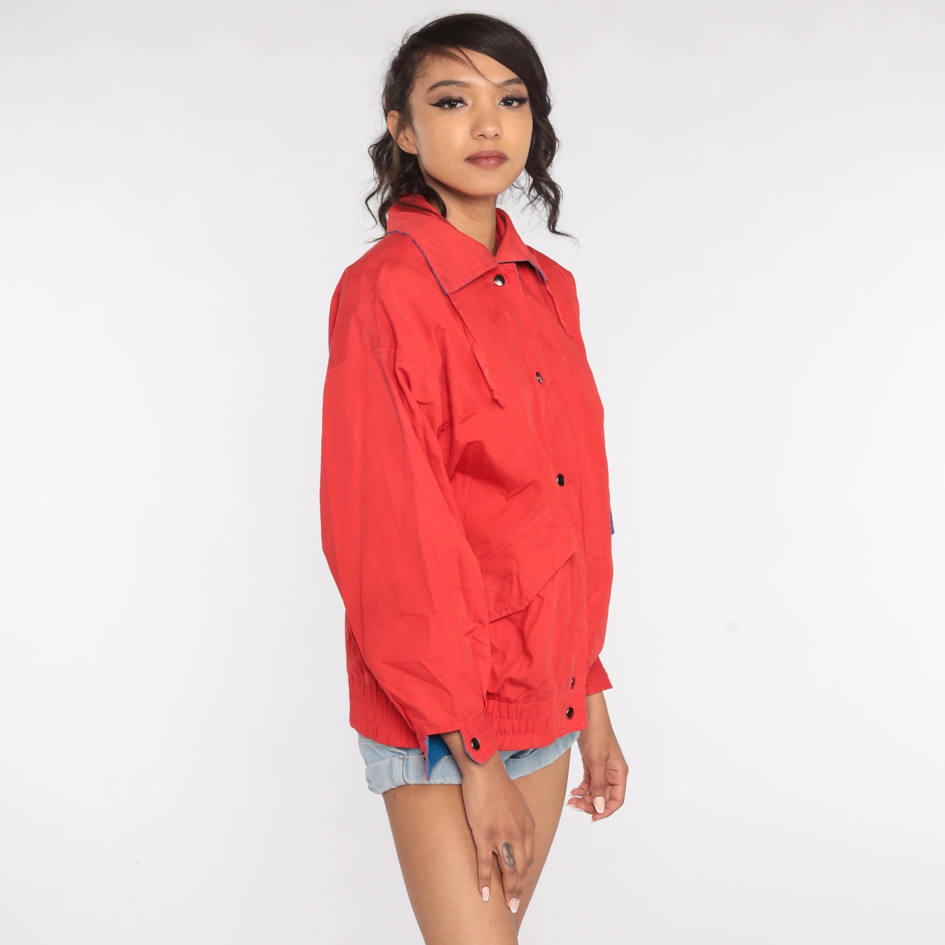 80s Red Windbreaker Jacket Zip Up Cotton Drawstring Small