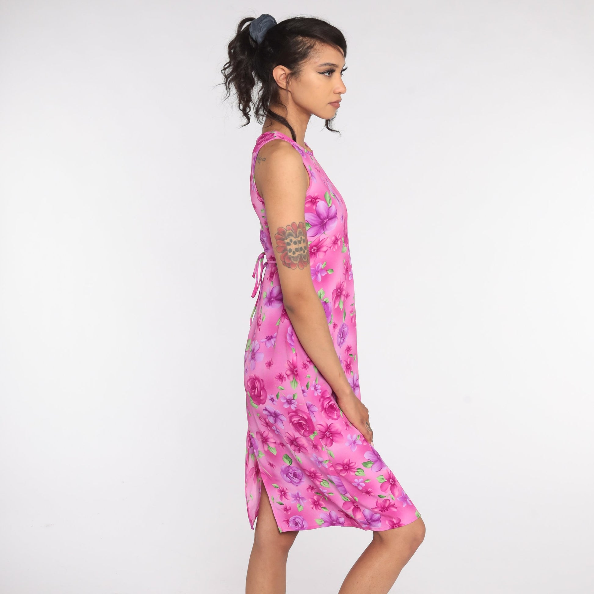 90s Floral Midi Sundress Pink Sleeveless Shift Dress Extra Small XS