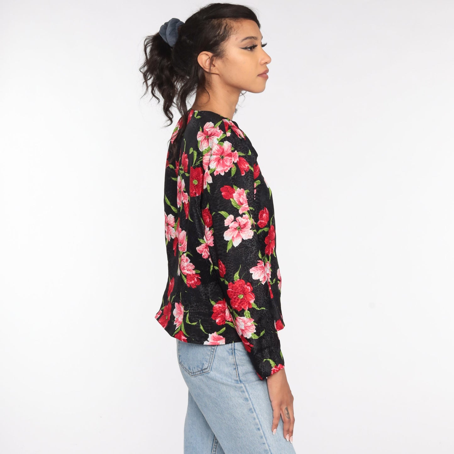 90s Liz Claiborne Black Floral Button-Up Blouse Long Sleeve Large L