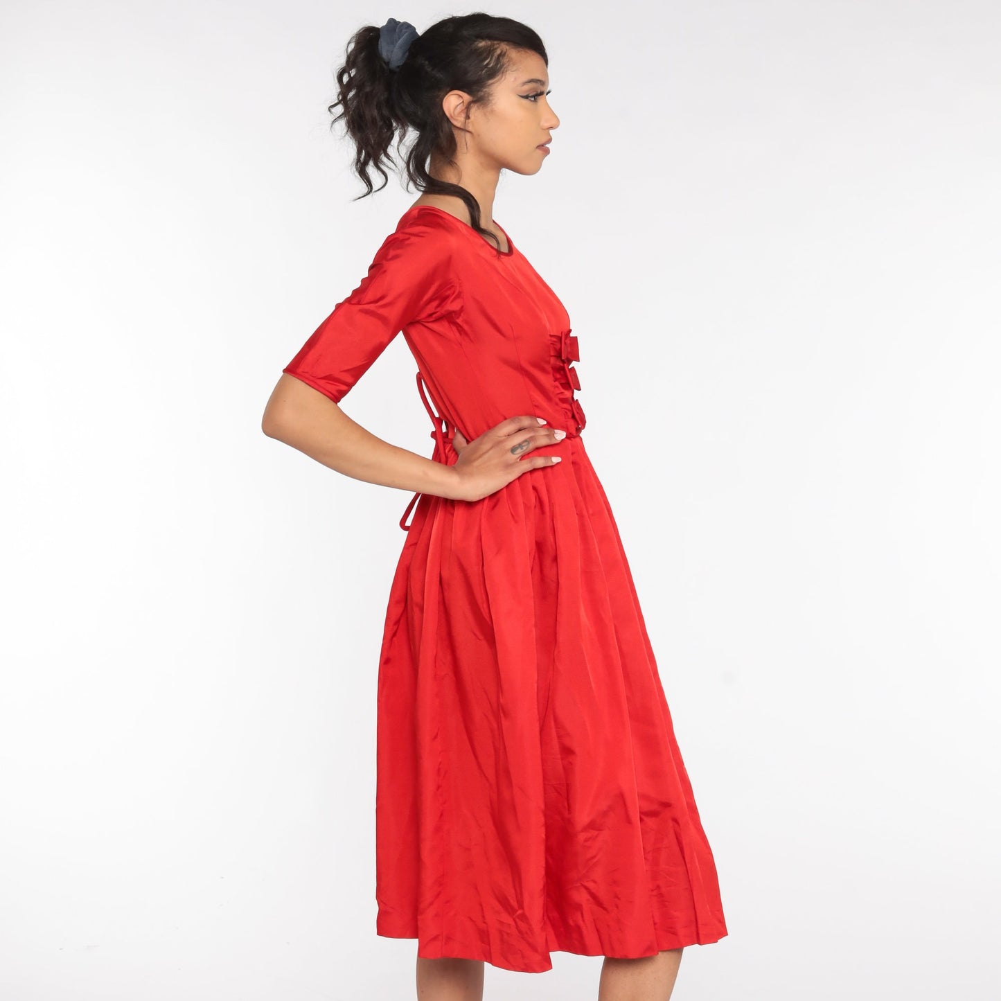 60s Teena Paige Red Bow Party Dress Tea Length Extra Small
