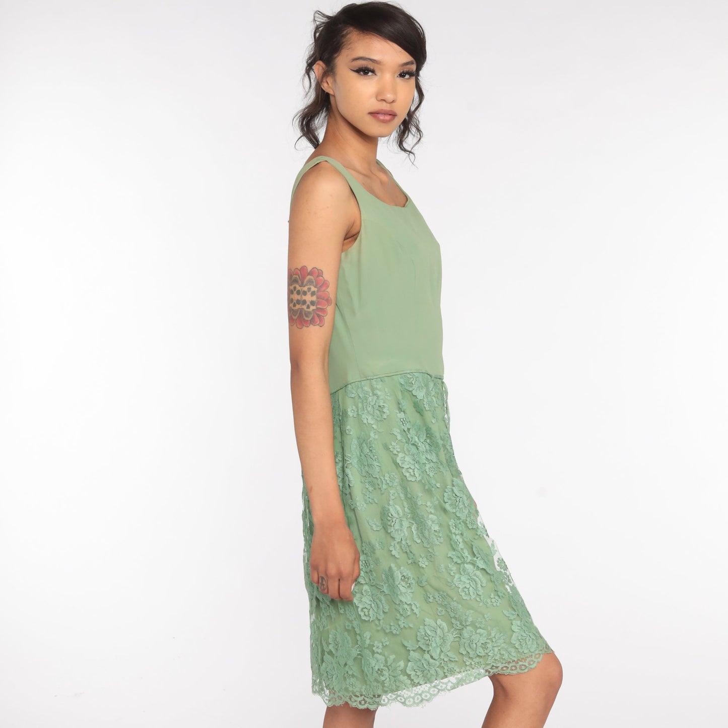 1960s Green Lace Cocktail Dress Midi Tea Length Small
