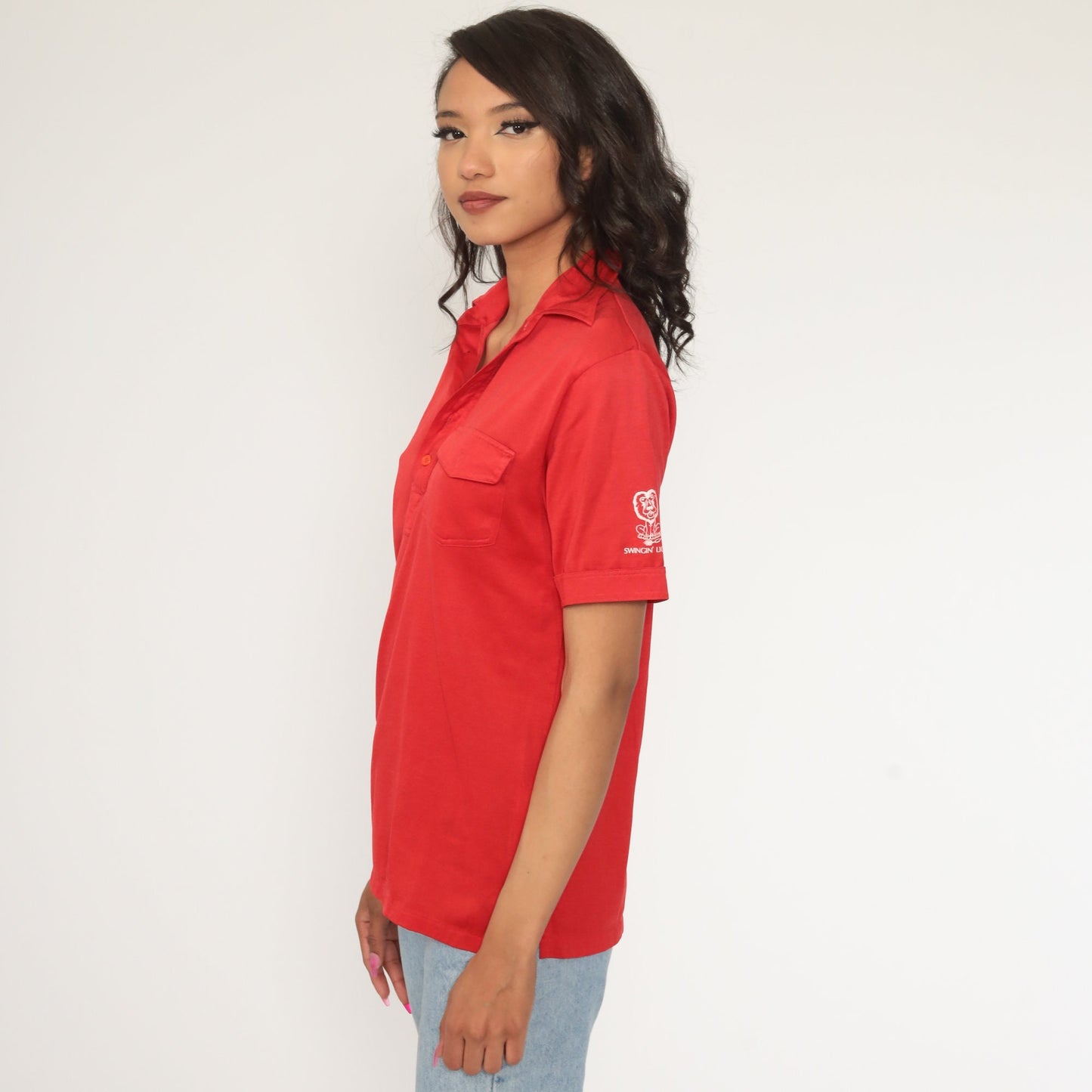 70s Swingin Lions Red Polo Shirt Half-Button Collared Short Sleeve Small Medium