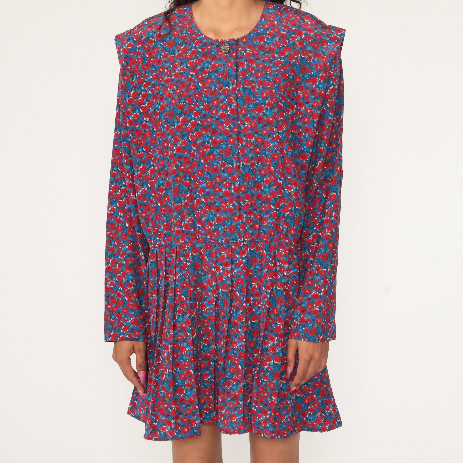 Leslie Fay Floral Mini Dress 90s Red Blue Pleated Button-Up Extra Large