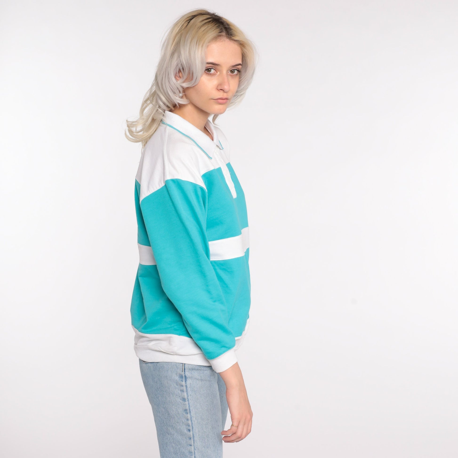 80s Polo Turquoise Striped Button Sweatshirt Medium