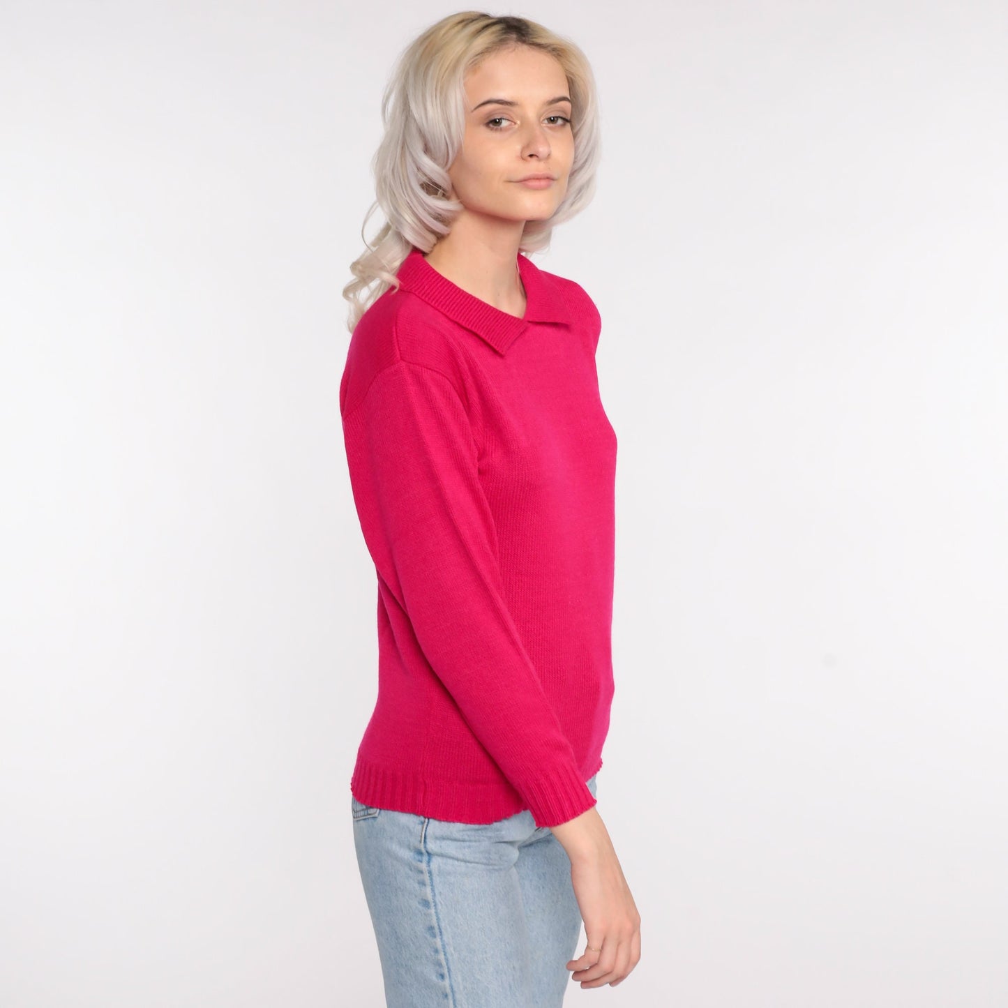 80s Deep Pink Collared Knit Sweater Pullover Extra Small XS