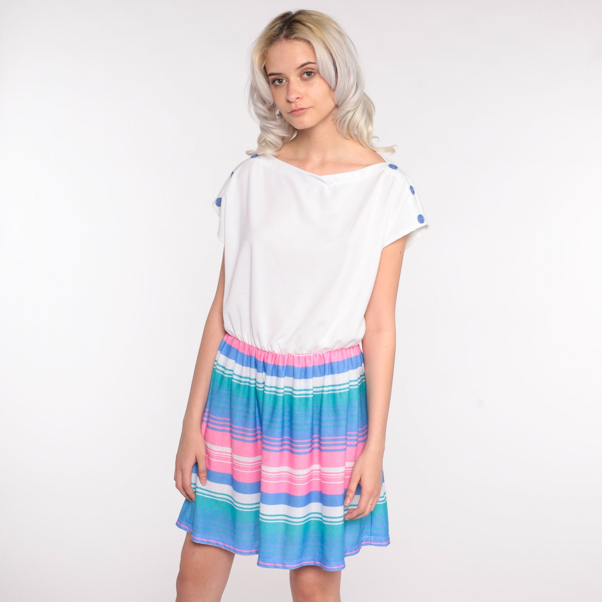 80s White Striped Mini Dress Cap Sleeve High Waist Pink Blue Large