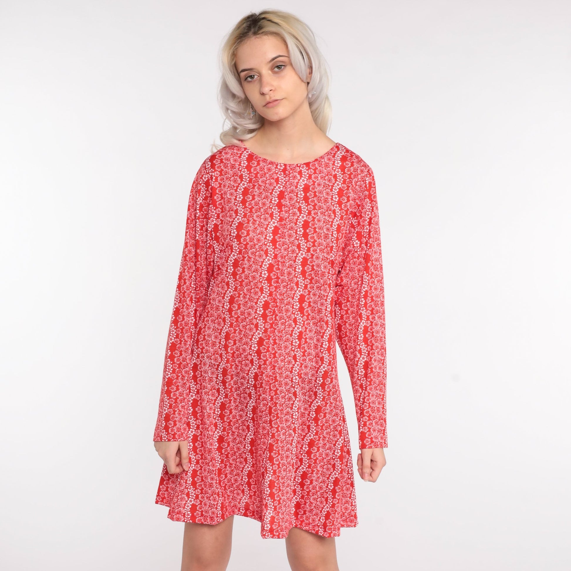 70s Floral Print Shift Dress Long Sleeve Mini Red Cotton Small Medium