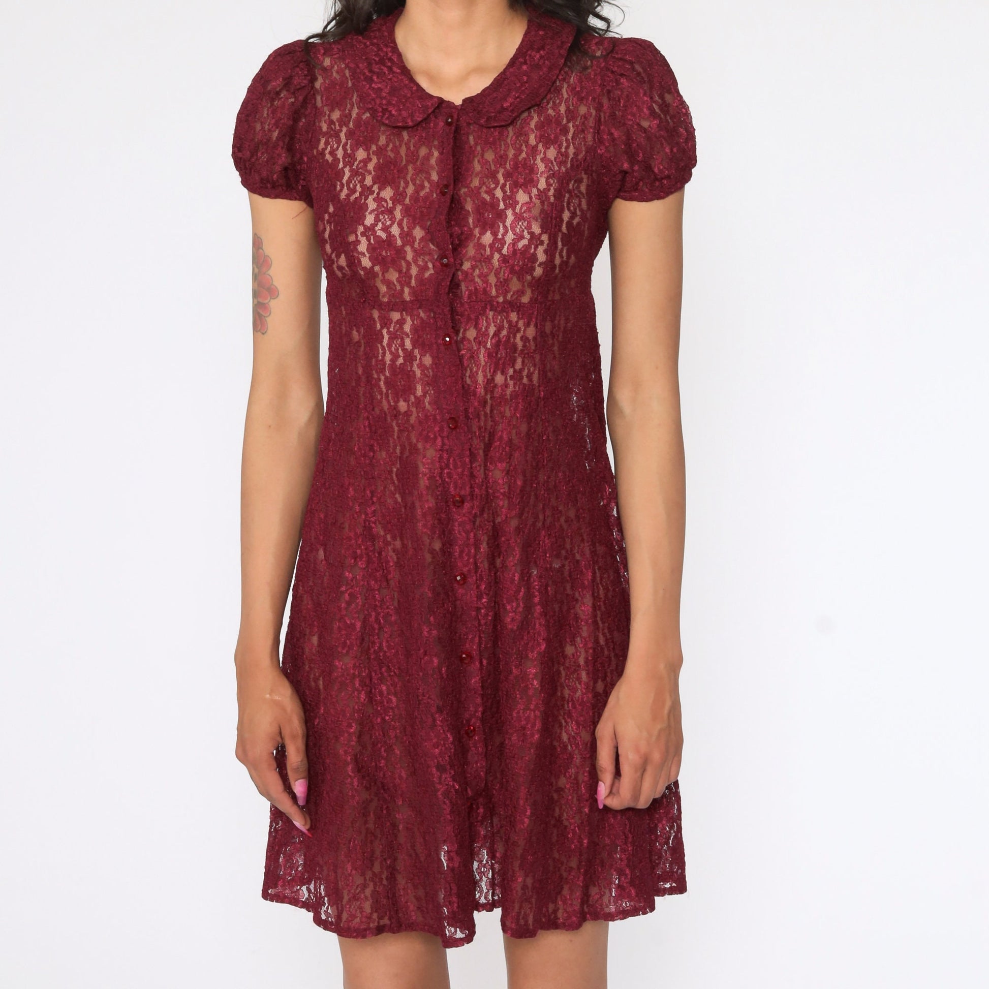 90s Burgundy Lace Mini Dress Peter Pan Collar Puff Sleeve Extra Small