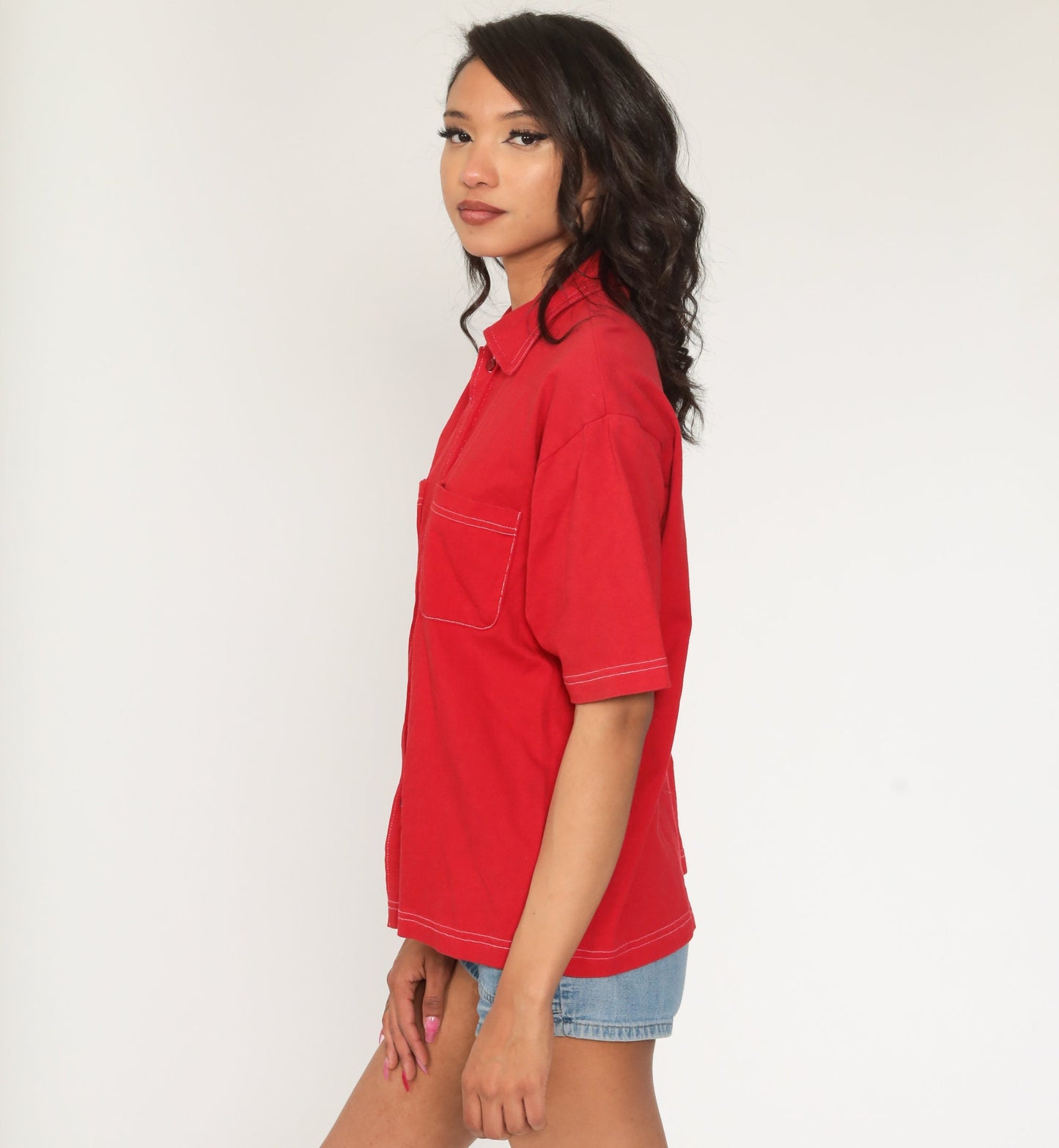 70s Red Cotton Button-Up Shirt Pointed Collar Short Sleeve Medium