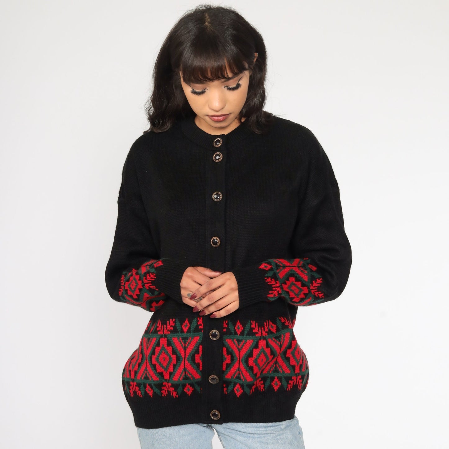 80s Southwestern Tribal Cardigan Black Red Knit Sweater Large