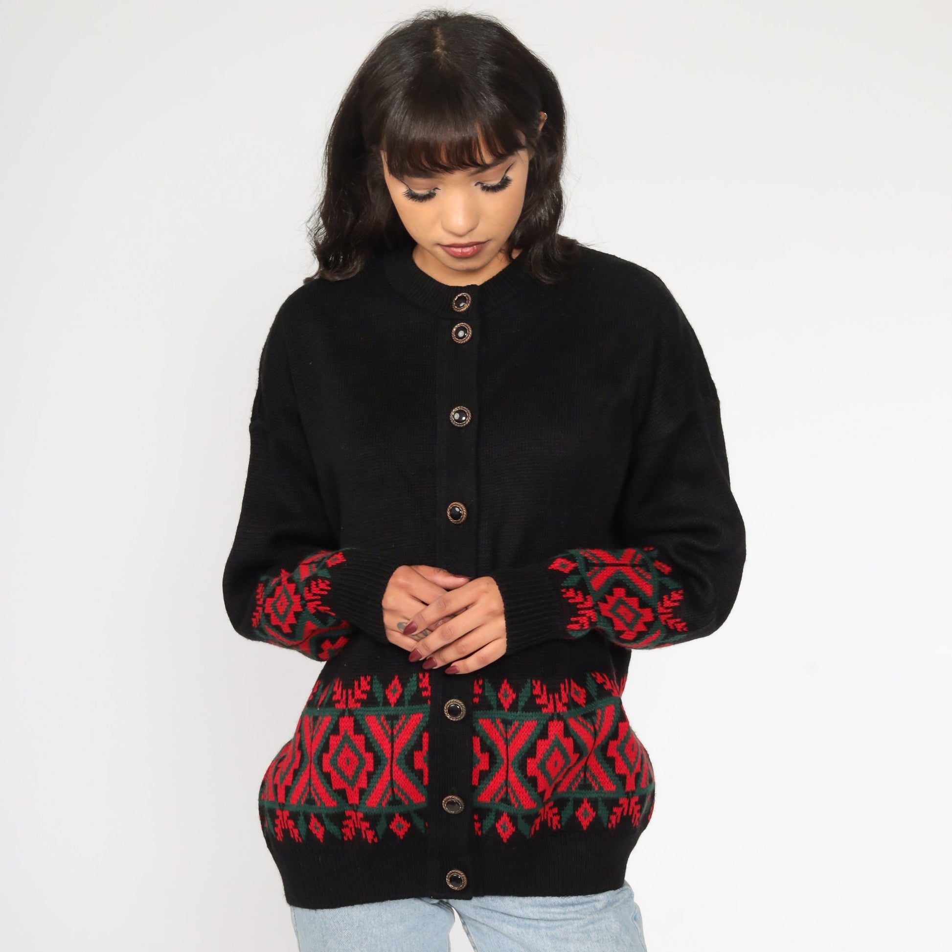 80s Southwestern Tribal Cardigan Black Red Knit Sweater Large