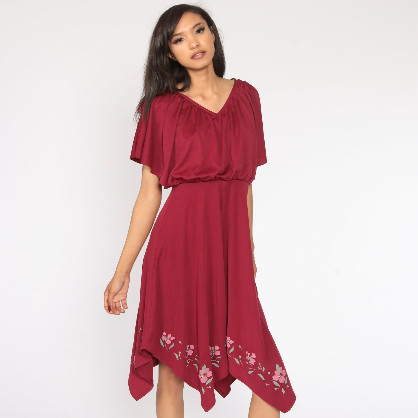 70s Grecian Midi Dress Burgundy Floral High-Low Scarf Hem Small Medium