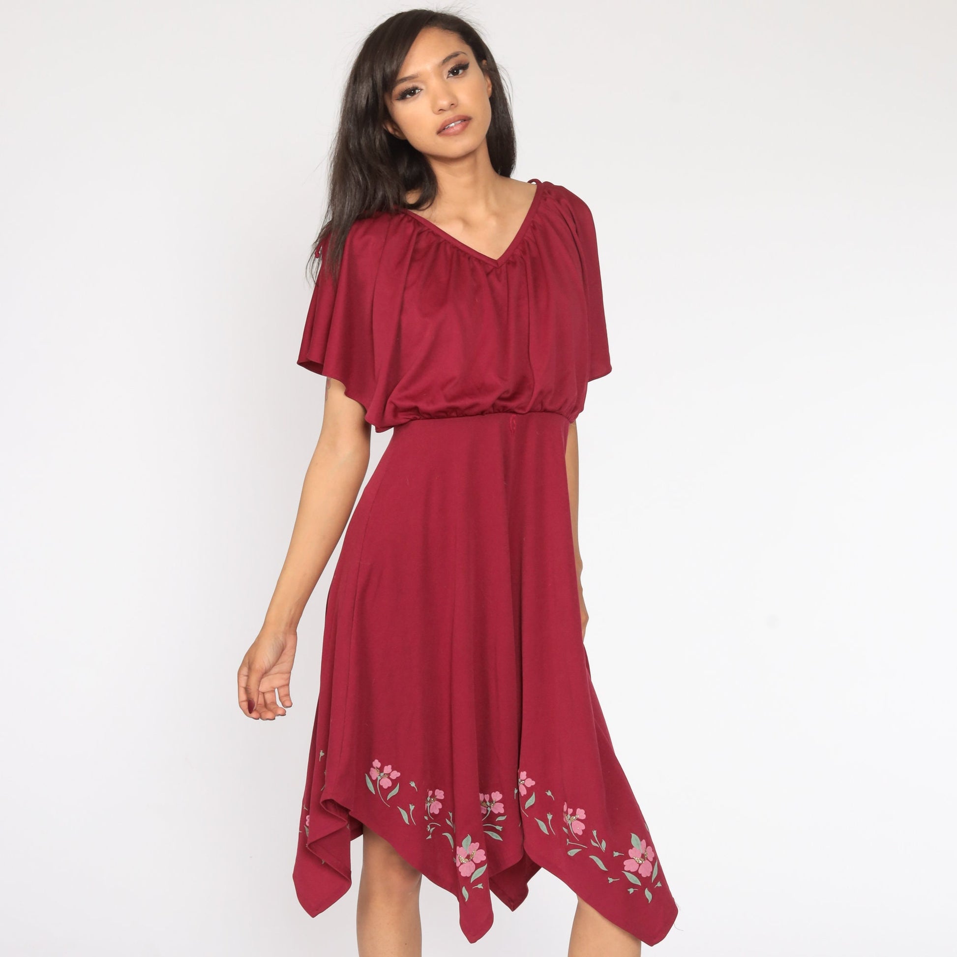 70s Grecian Midi Dress Burgundy Floral High-Low Scarf Hem Small Medium