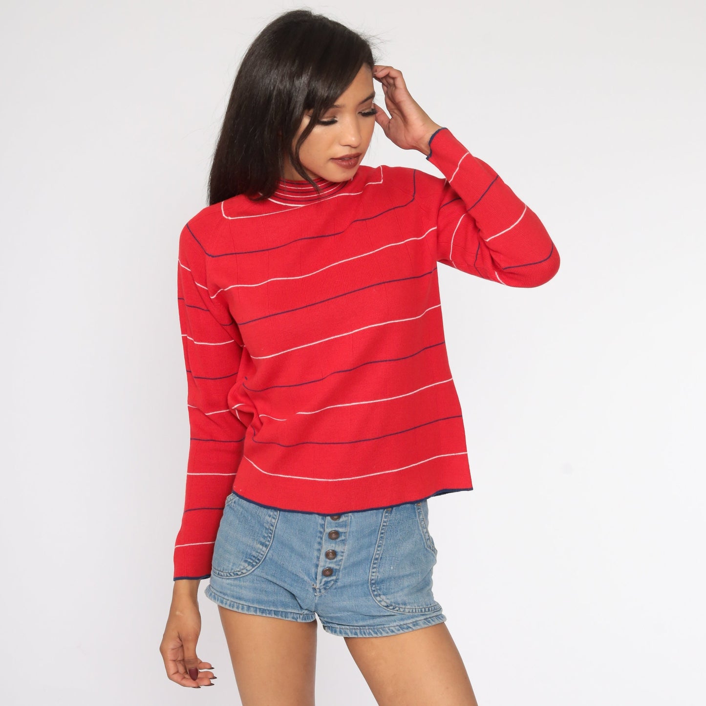 70s Red & White Striped Mock Neck Knit Pullover Small Medium