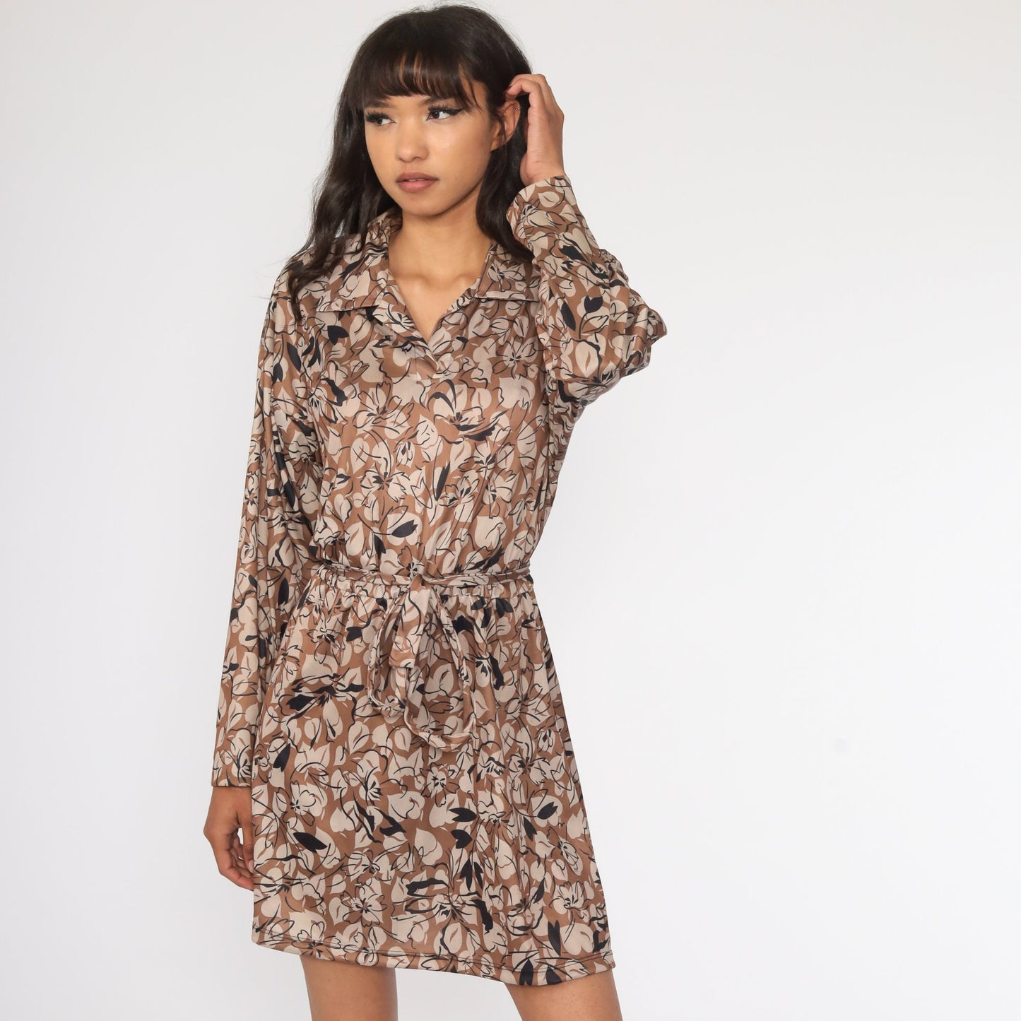 70s Floral Mini Dress Brown High Waist Long Sleeve Collared Large L