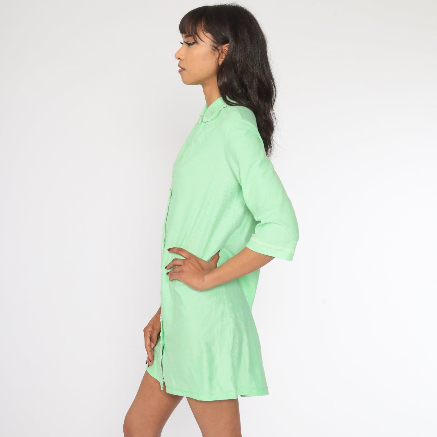 1960s Green Shift Dress Peter Pan Collar Floral Applique Mini Medium