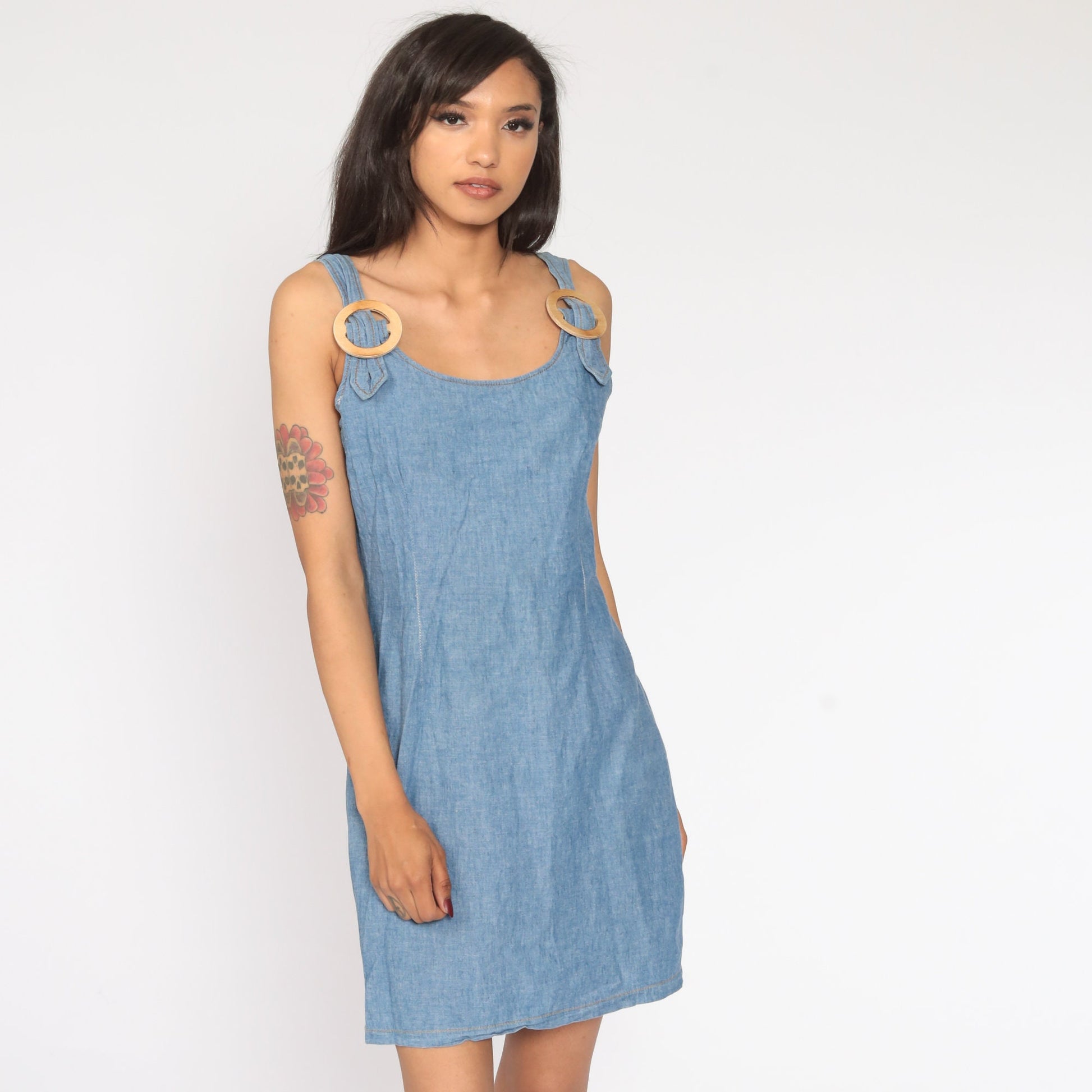 90s Blue Denim Mini Dress Sheath Cut Sleeveless Jumper Medium 8