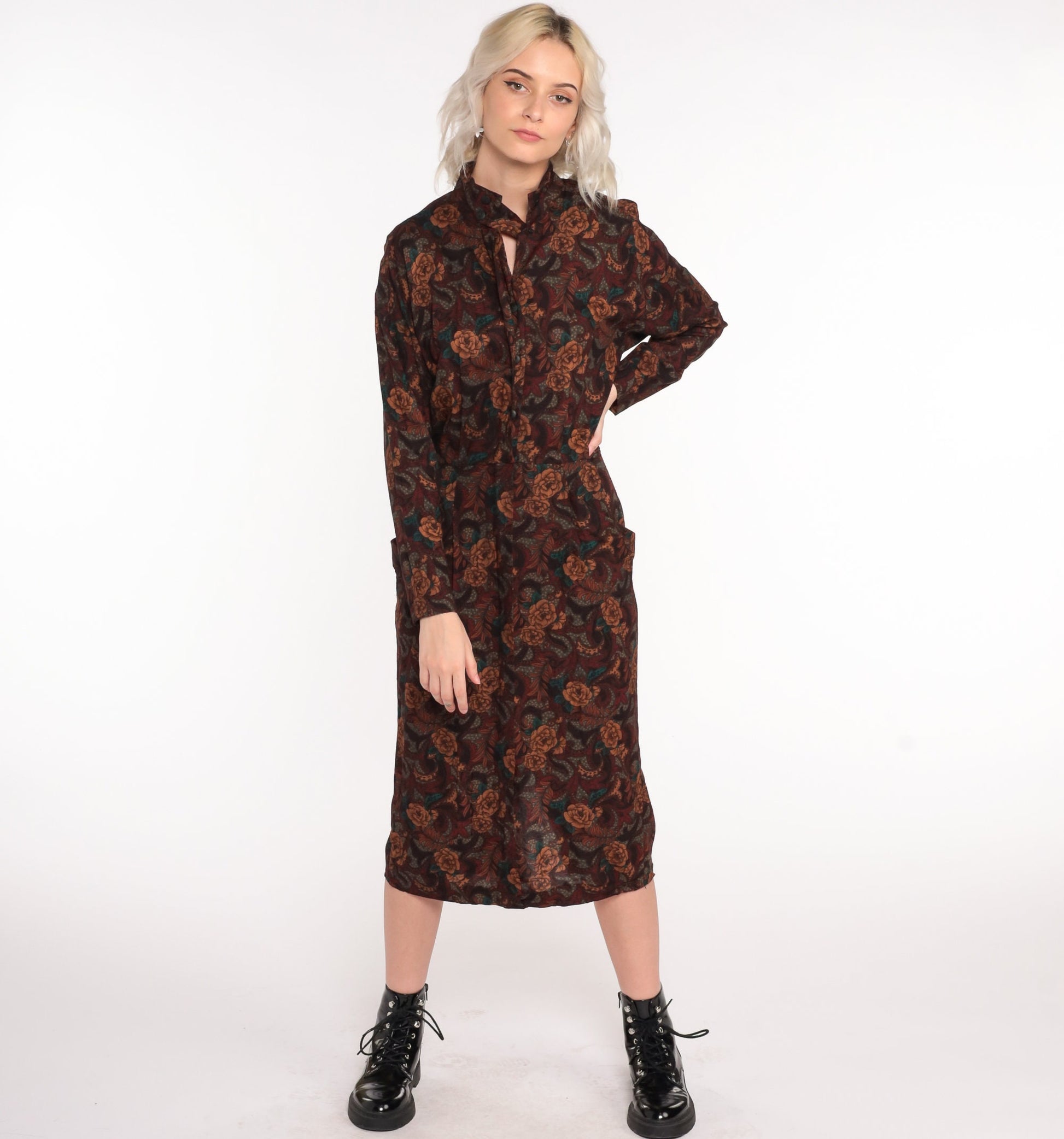 80s Floral Midi Dress Brown High-Waisted Keyhole Long Sleeve Medium