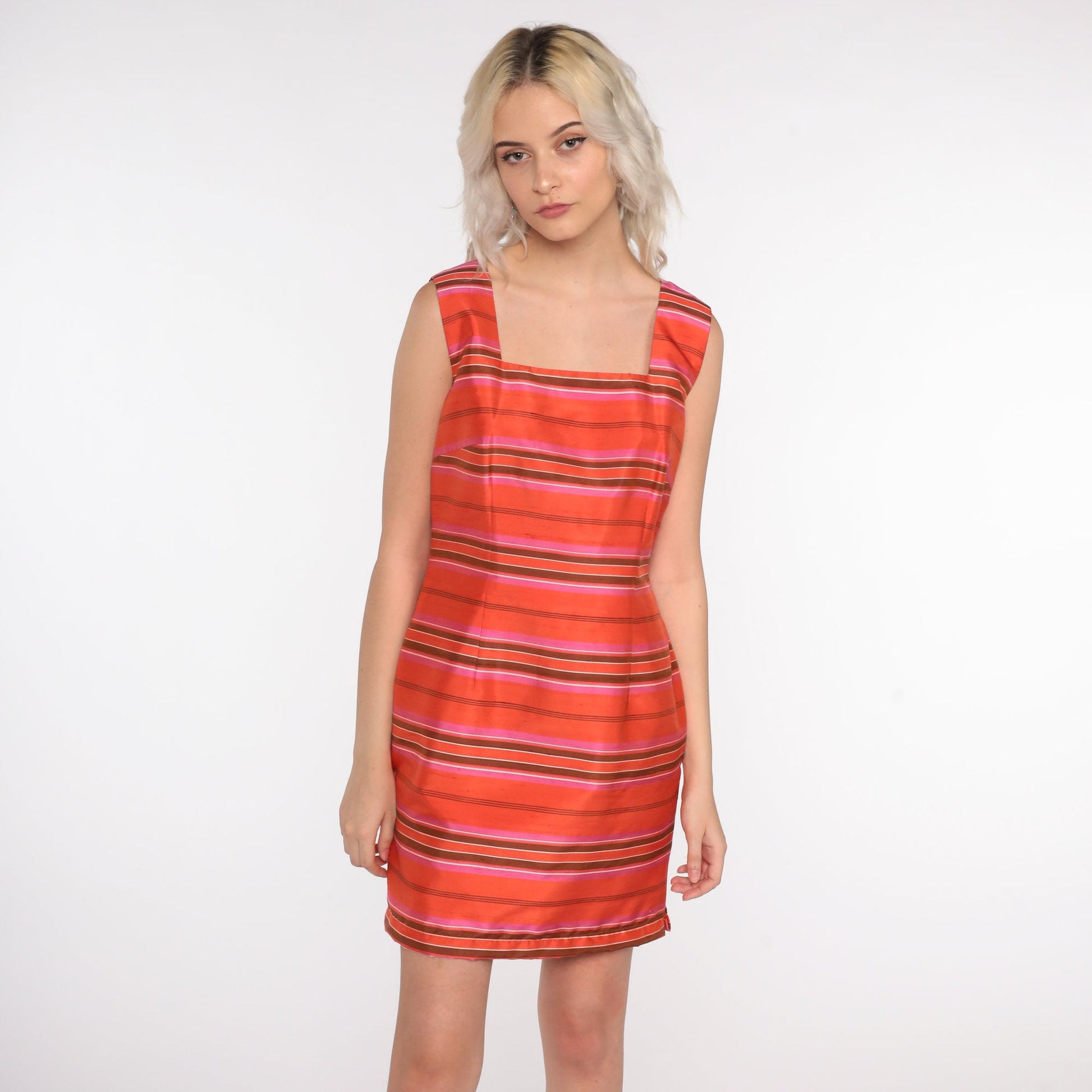 Y2K Orange Striped Silk Mini Sheath Dress Sleeveless 00s Small