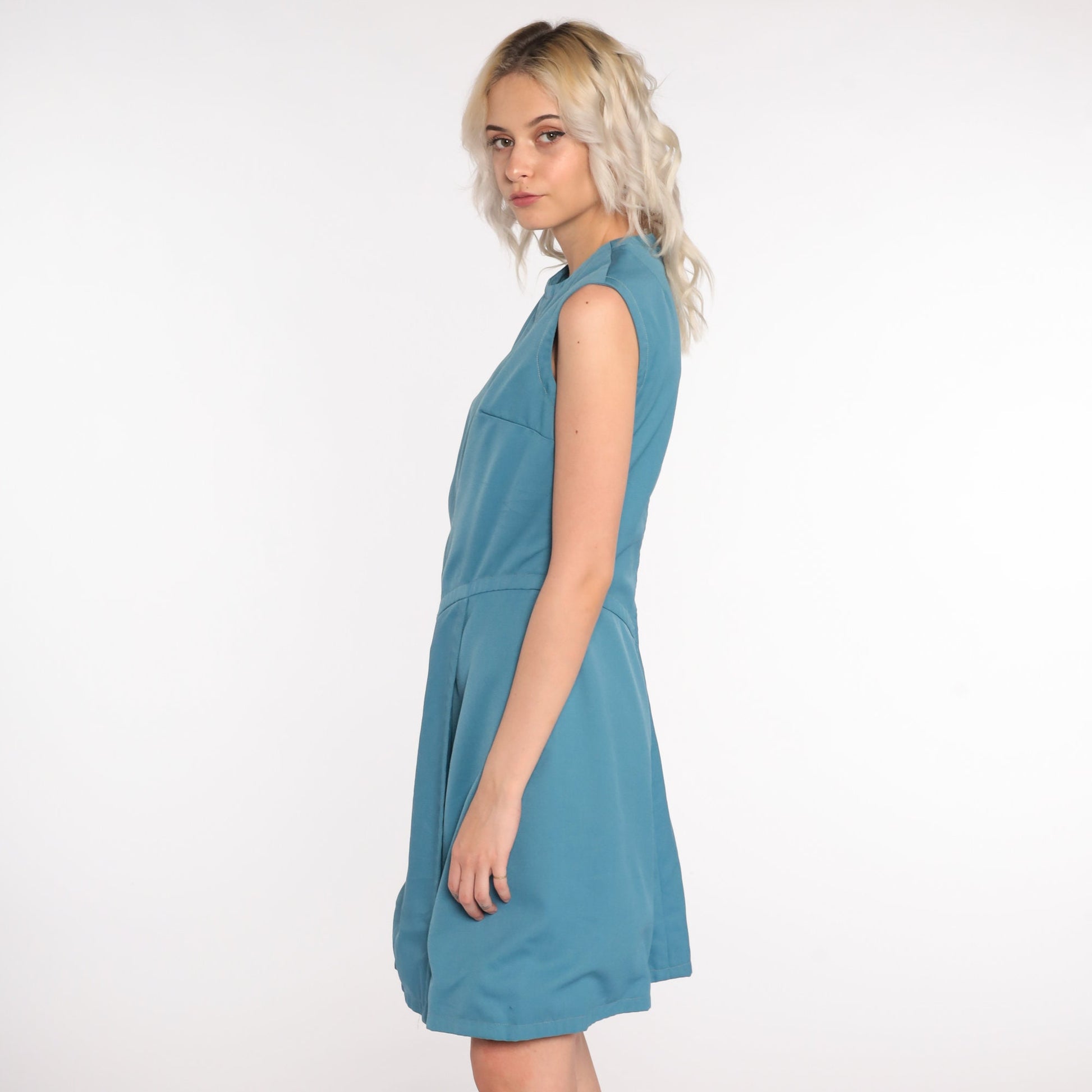 70s Mod Shift Dress Blue Sleeveless Mini High Waist Small