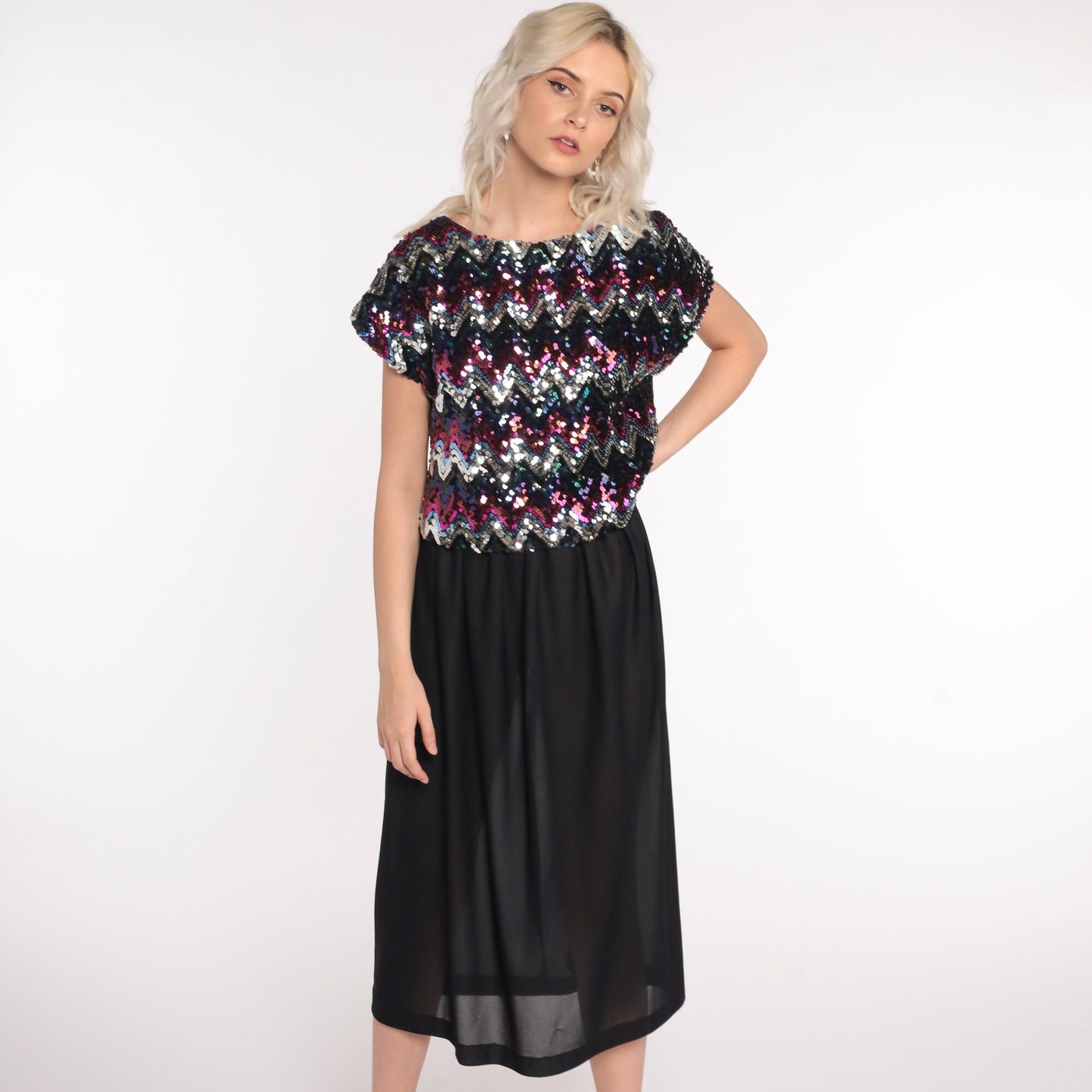 80s Black Sequin Midi Dress Short Sleeve High Waist Party Disco Small Medium