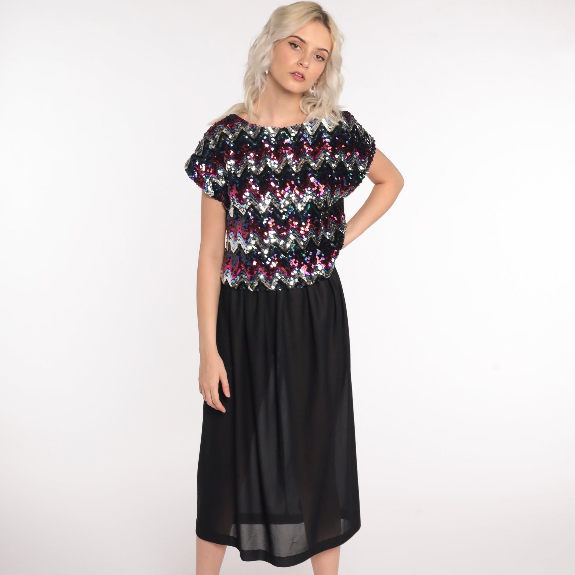 80s Black Sequin Midi Dress Short Sleeve High Waist Party Disco Small Medium