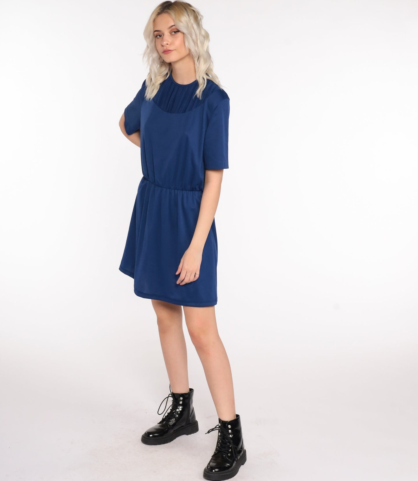 70s Dark Blue Mini Dress High Waist Pleated Chest Short Sleeve Medium