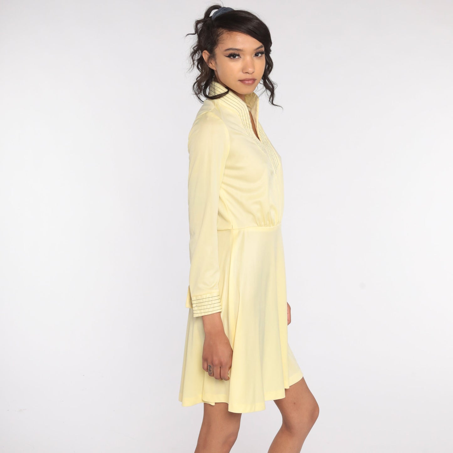 70s Pale Yellow Mini Dress High Waist Long Sleeve Polyester Small Medium