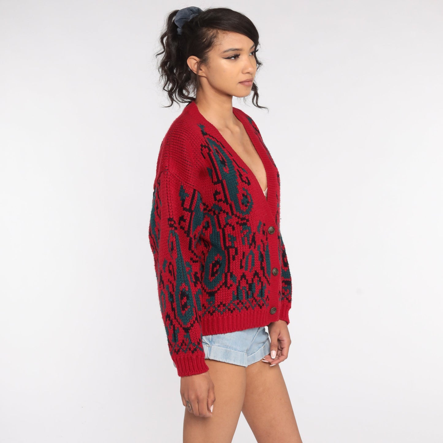 90s Paisley Cardigan Sweater Red Geometric Knit Button Up Medium