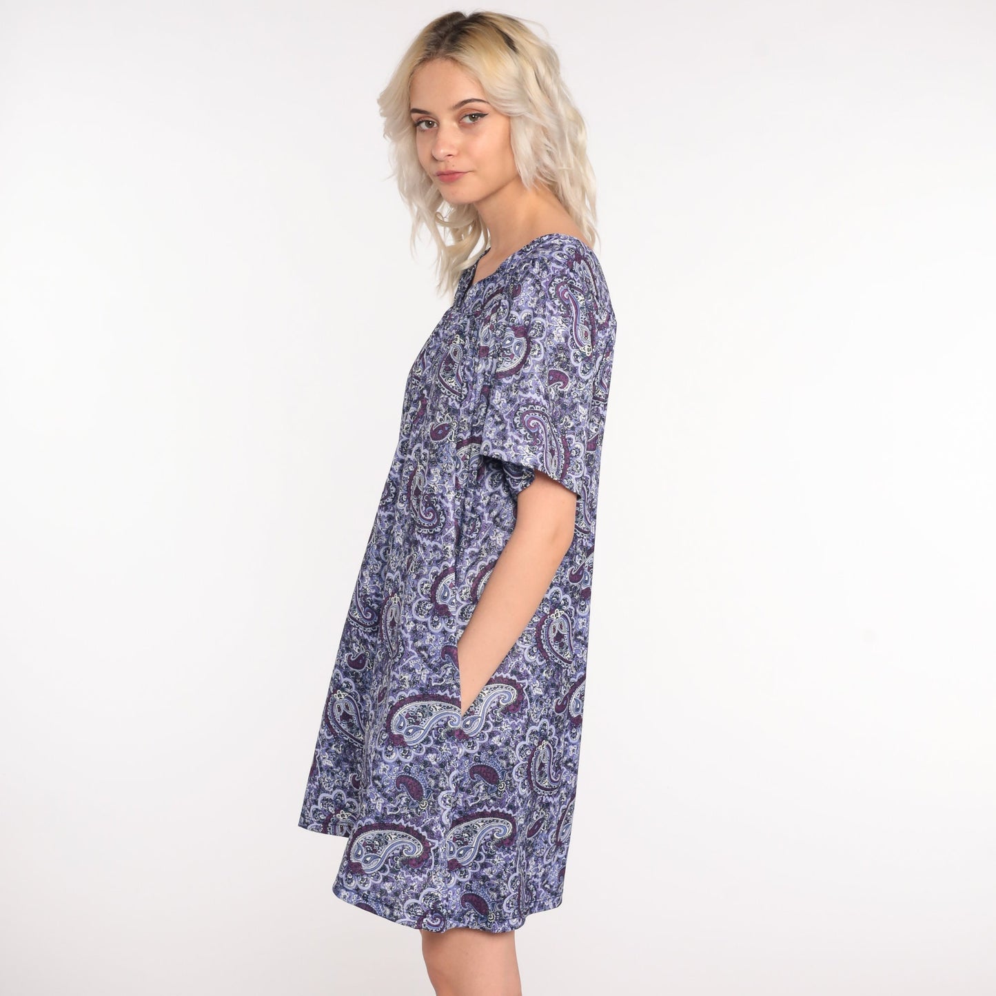 90s Purple Paisley Tent Mini Dress Short Sleeve Psychedelic Print Large L