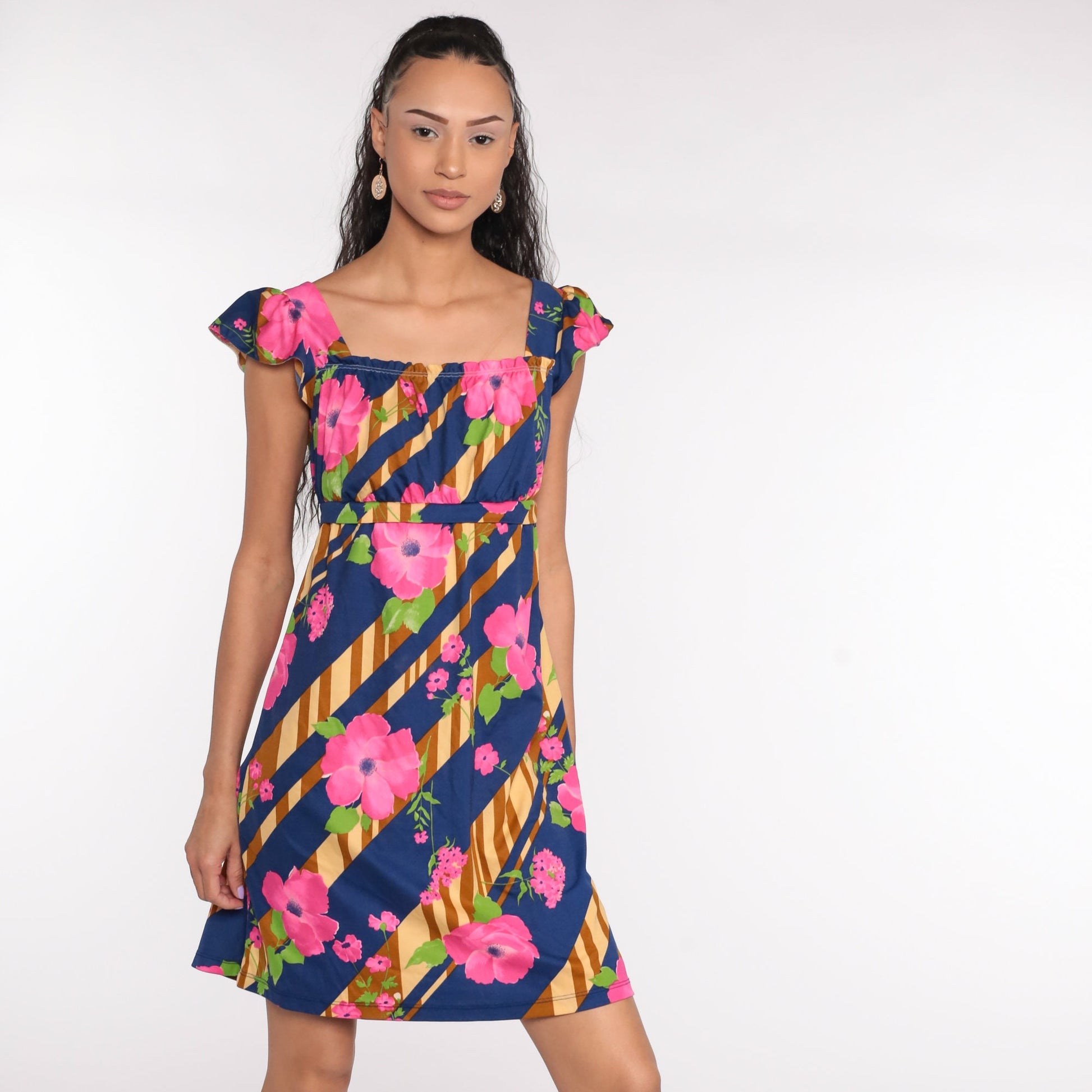 70s Floral Mini Dress Empire Waist Flutter Sleeve Blue Pink Small Medium