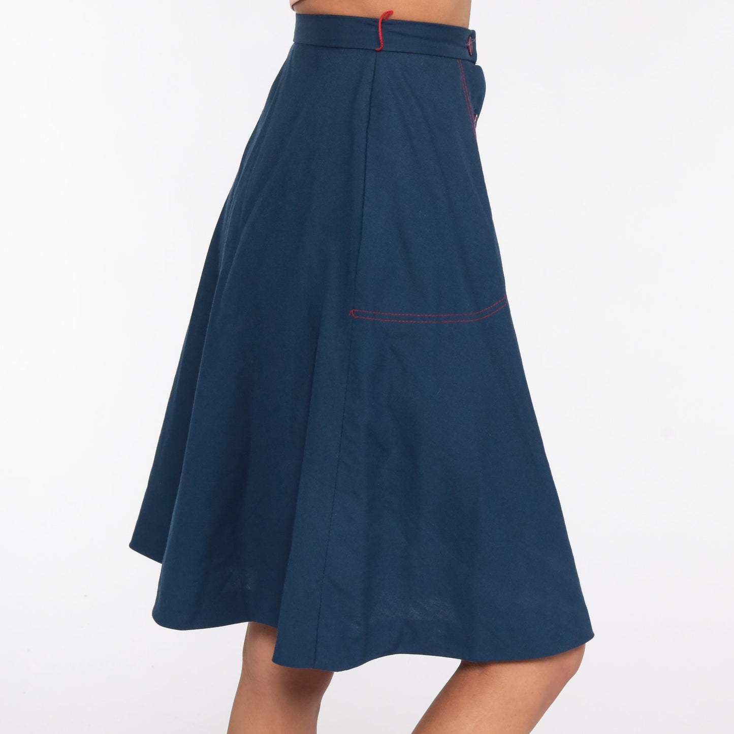 70s Dark Blue Midi Skirt High Waist Pockets XXS