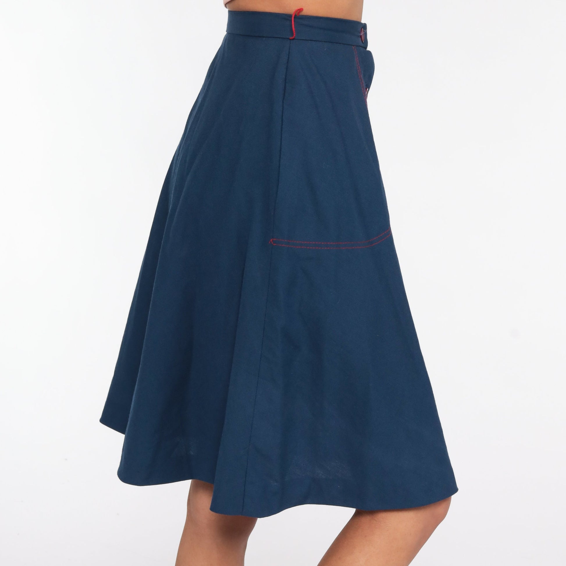 70s Dark Blue Midi Skirt High Waist Pockets XXS