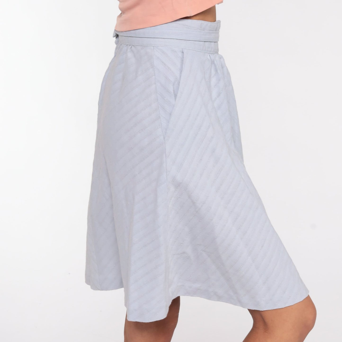 70s Light Blue Chevron Midi Skirt High Waist Cotton Pockets Small