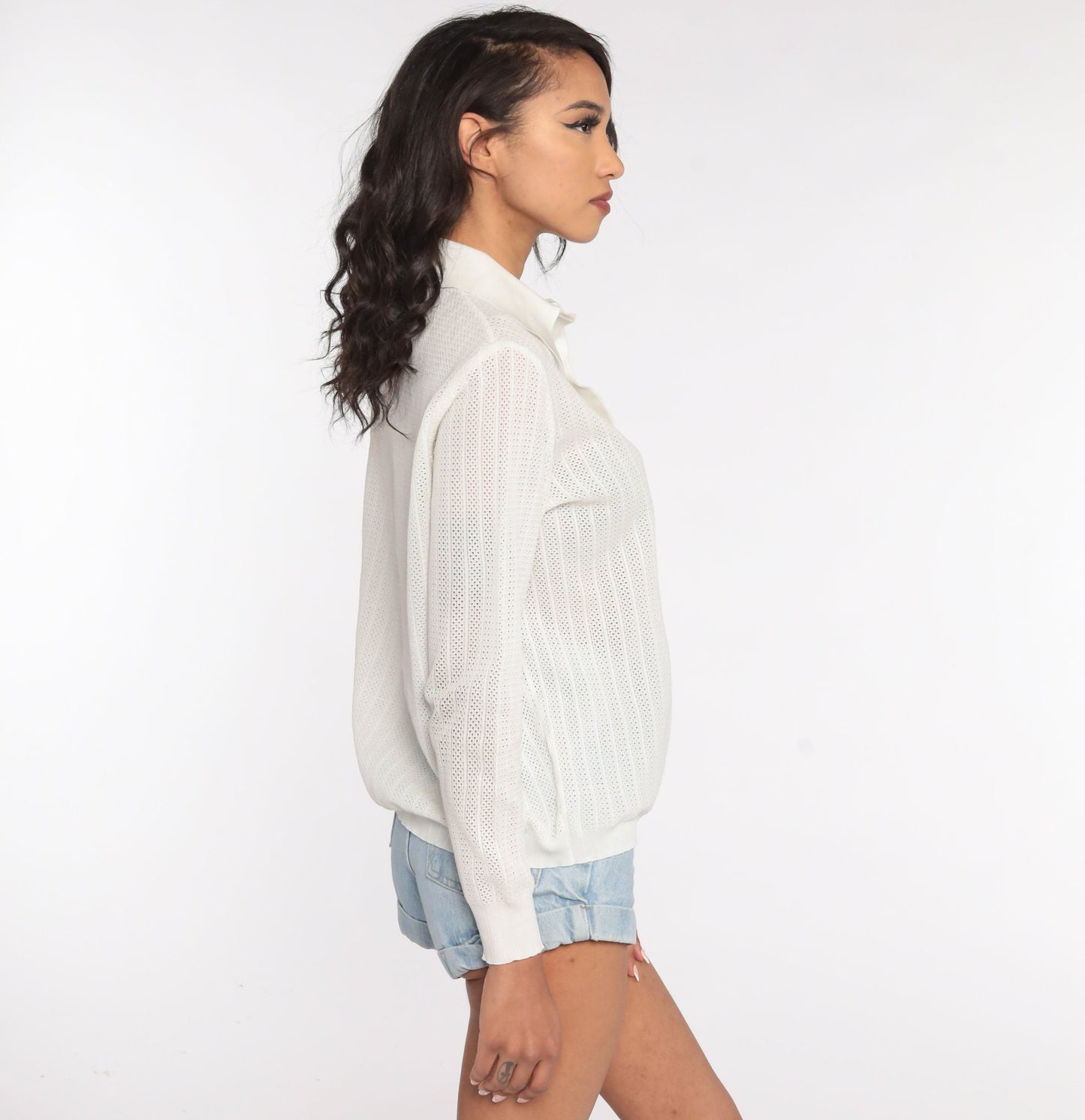 70s Sheer Off-White Cutout Blouse Long Sleeve Polo Shirt Large
