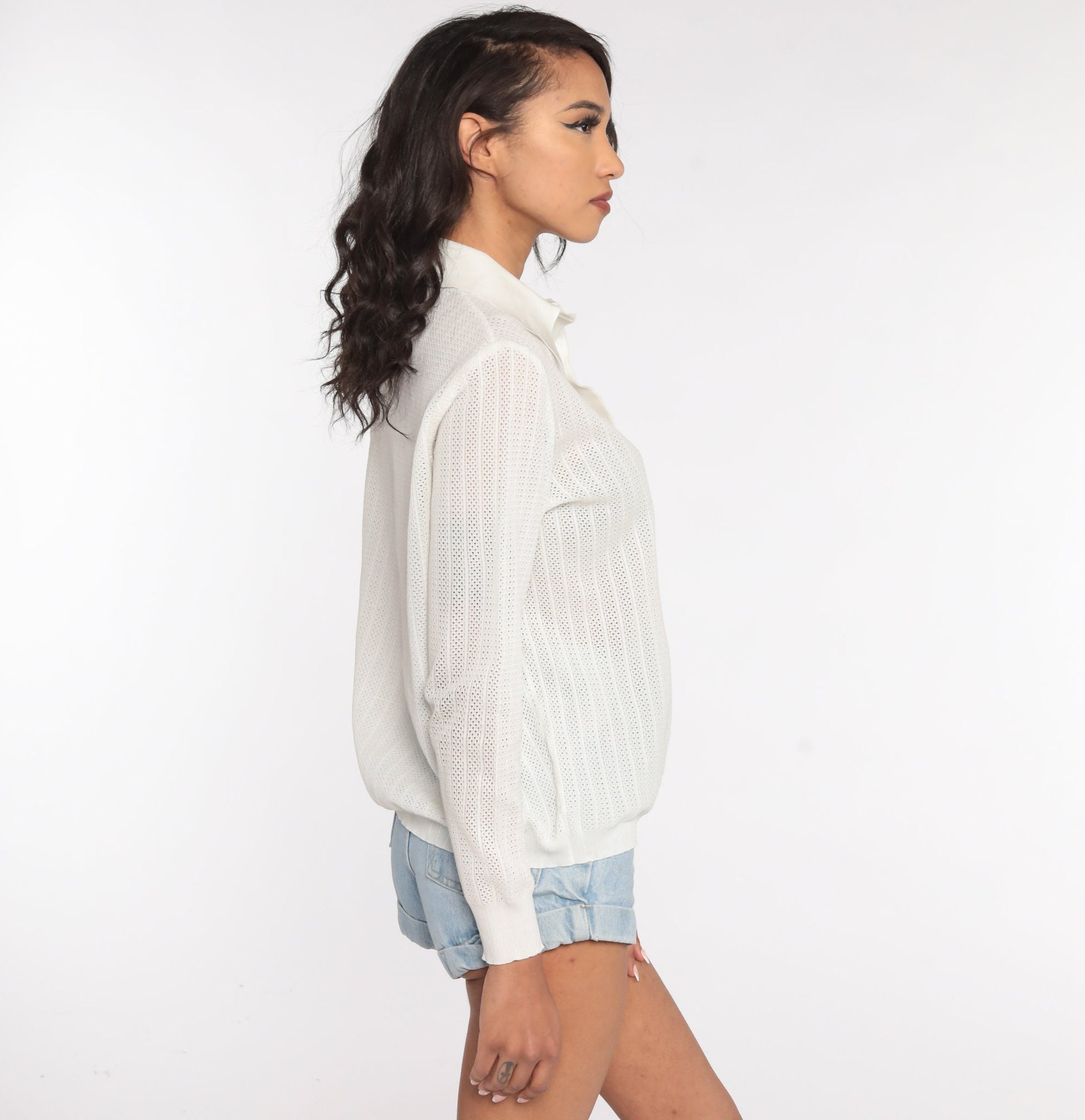 70s Sheer Off-White Cutout Blouse Long Sleeve Polo Shirt Large