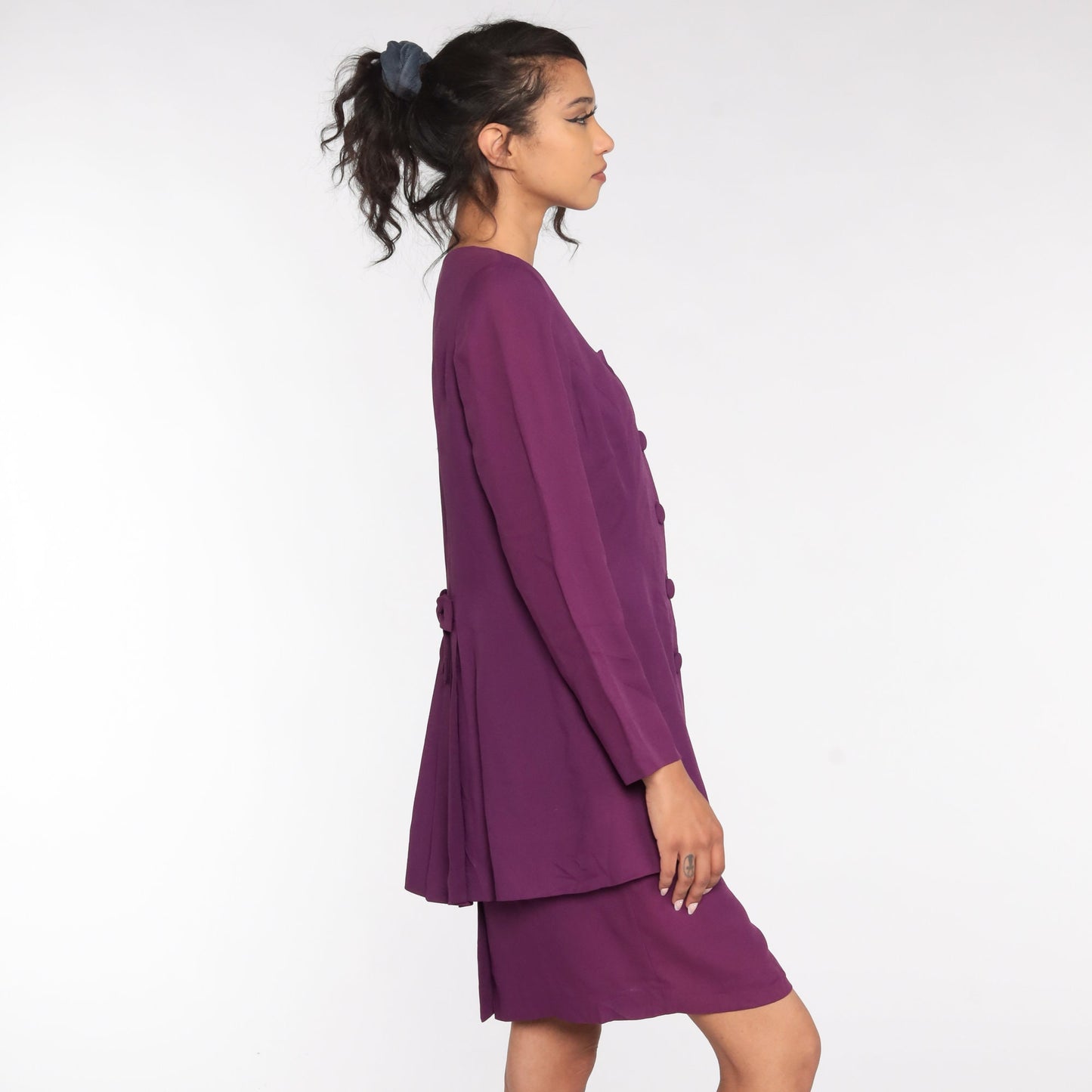 80s Purple Sheath Dress Button Front Bow Back V-Neck Secretary Medium