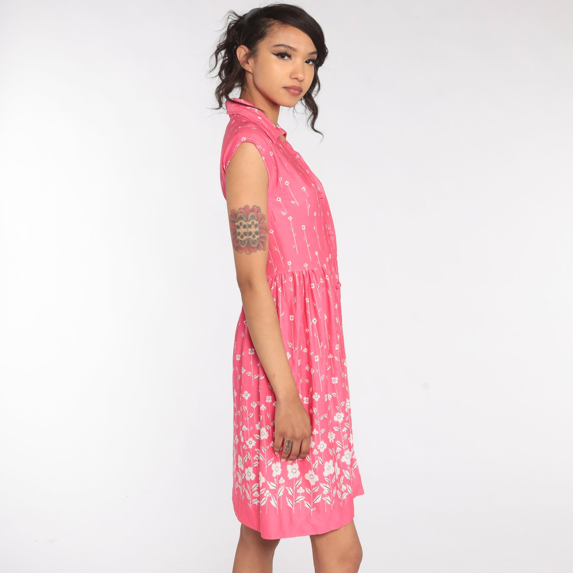 70s Pink Floral Midi Dress High Waist Cap Sleeve Button Front Extra Small