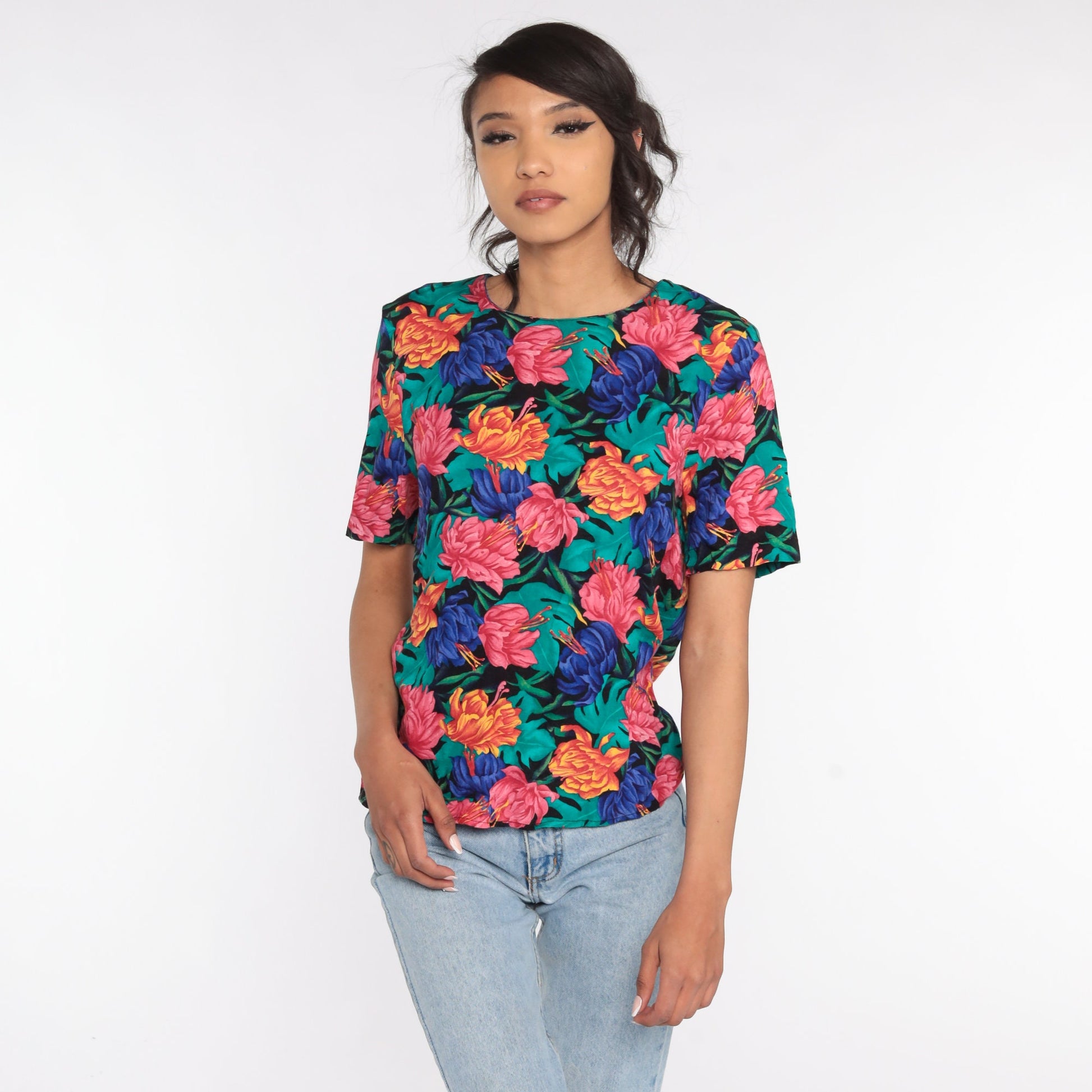 90s Floral Print T-Shirt Vintage Grunge Tee Small Medium