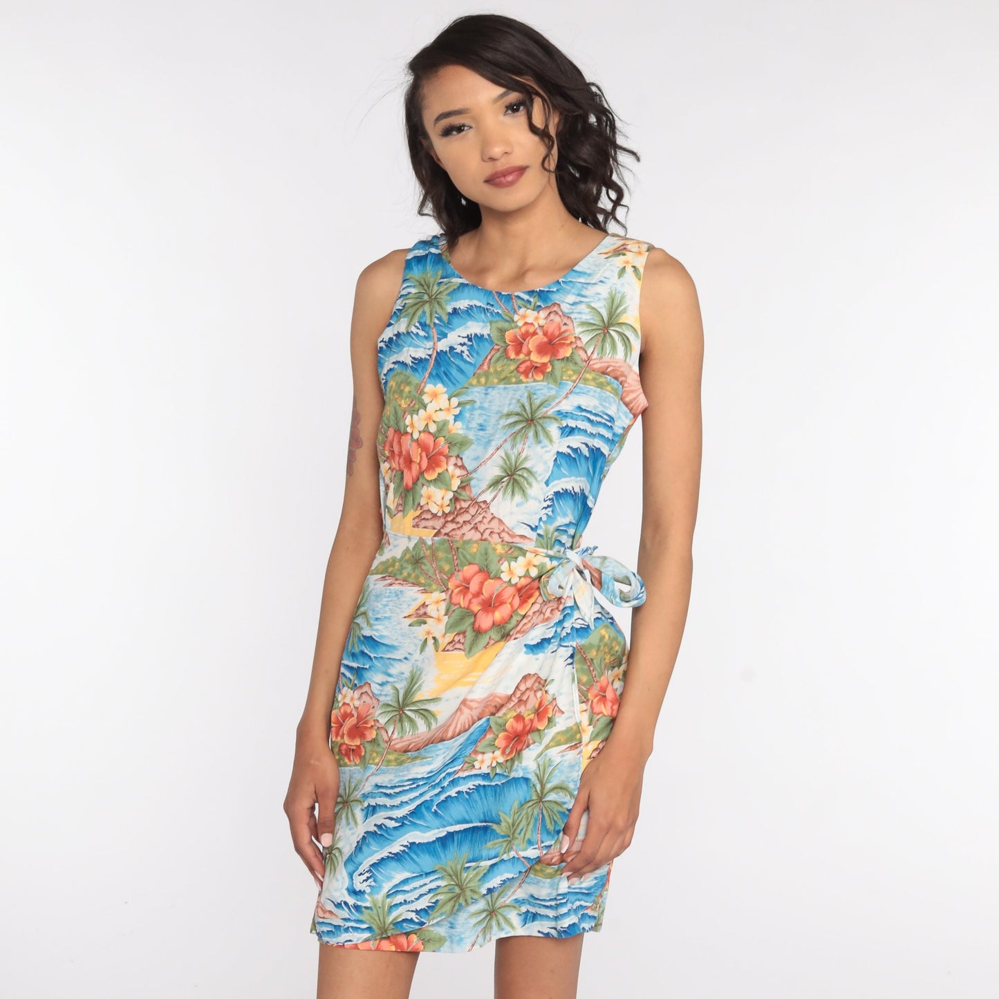 90s Hawaiian Wrap Dress Mini Tropical Bird of Paradise Print Blue Small