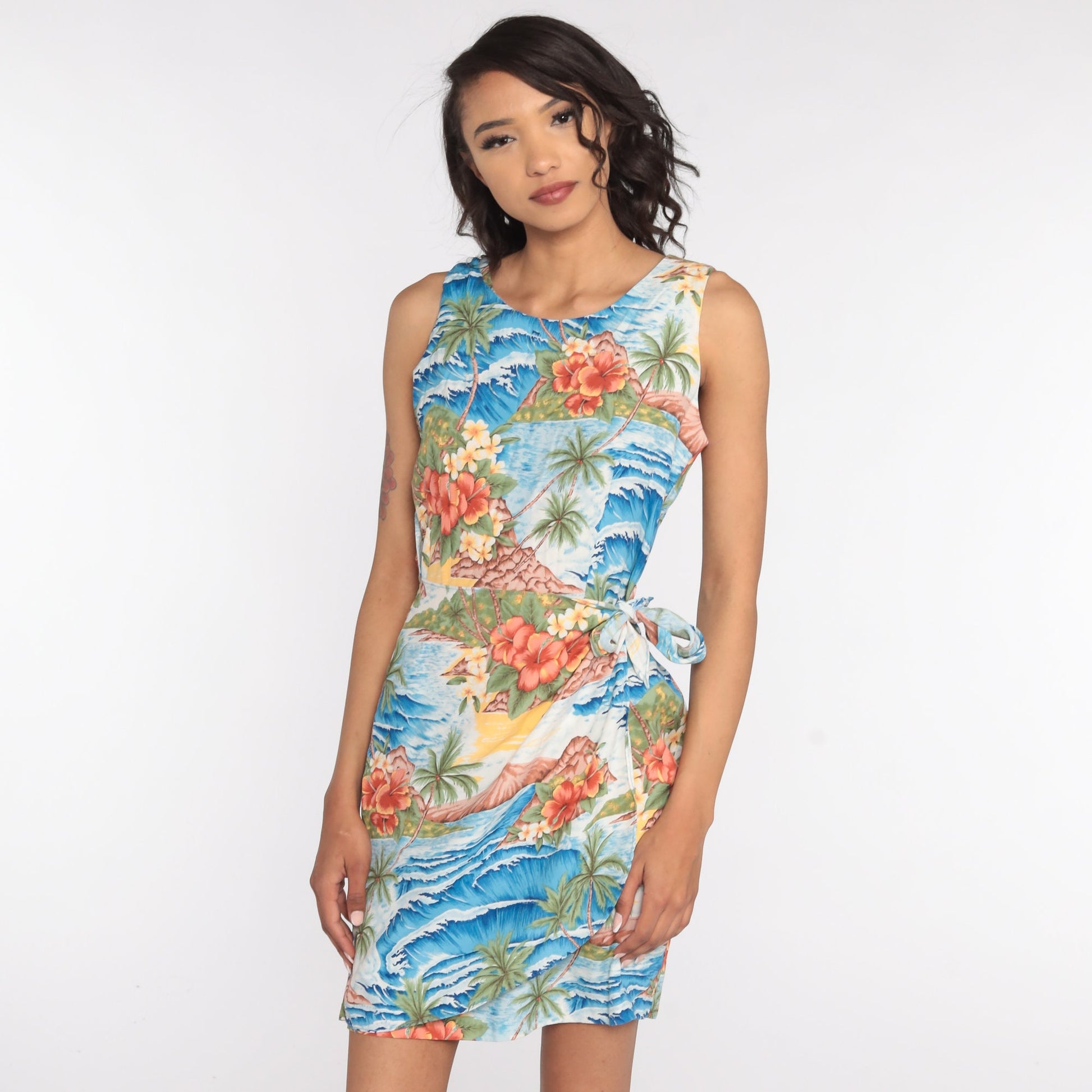 90s Hawaiian Wrap Dress Mini Tropical Bird of Paradise Print Blue Small