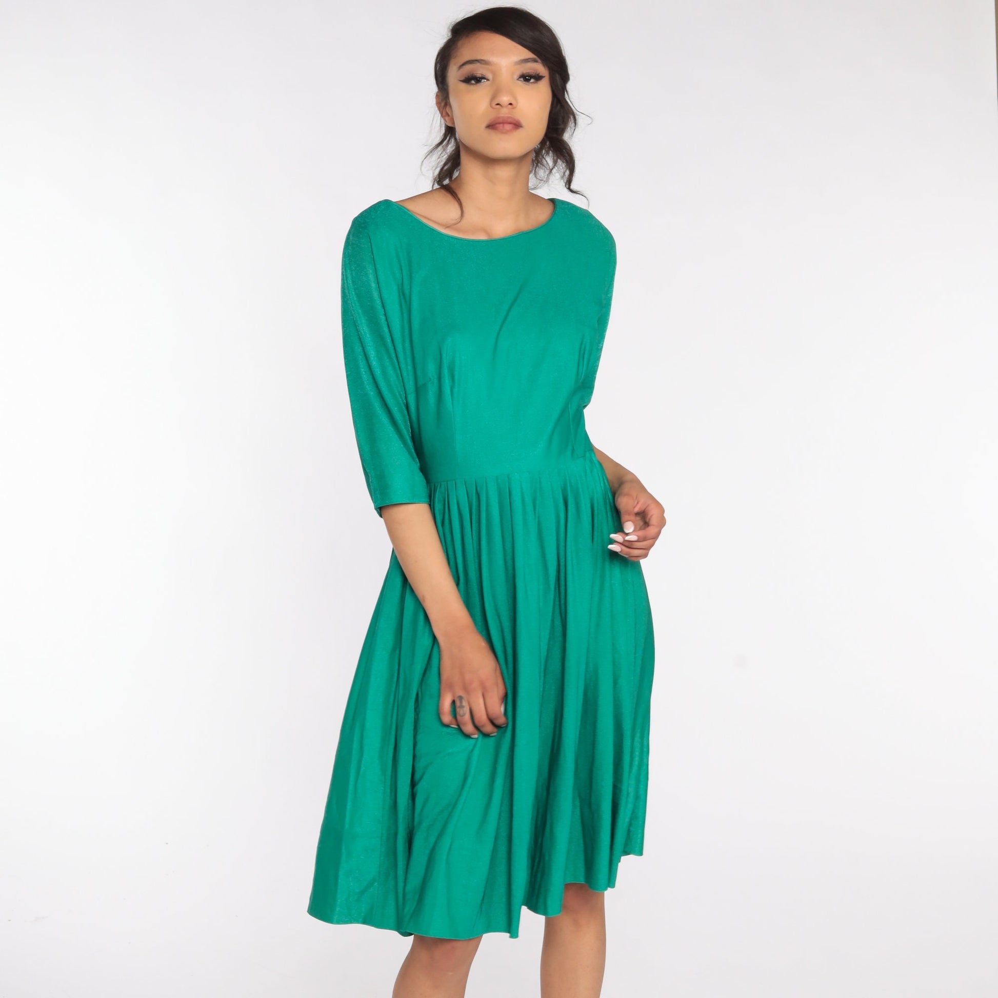 1960s Green Pleated High-Waist Dress 3/4 Sleeve Fit and Flare Small S