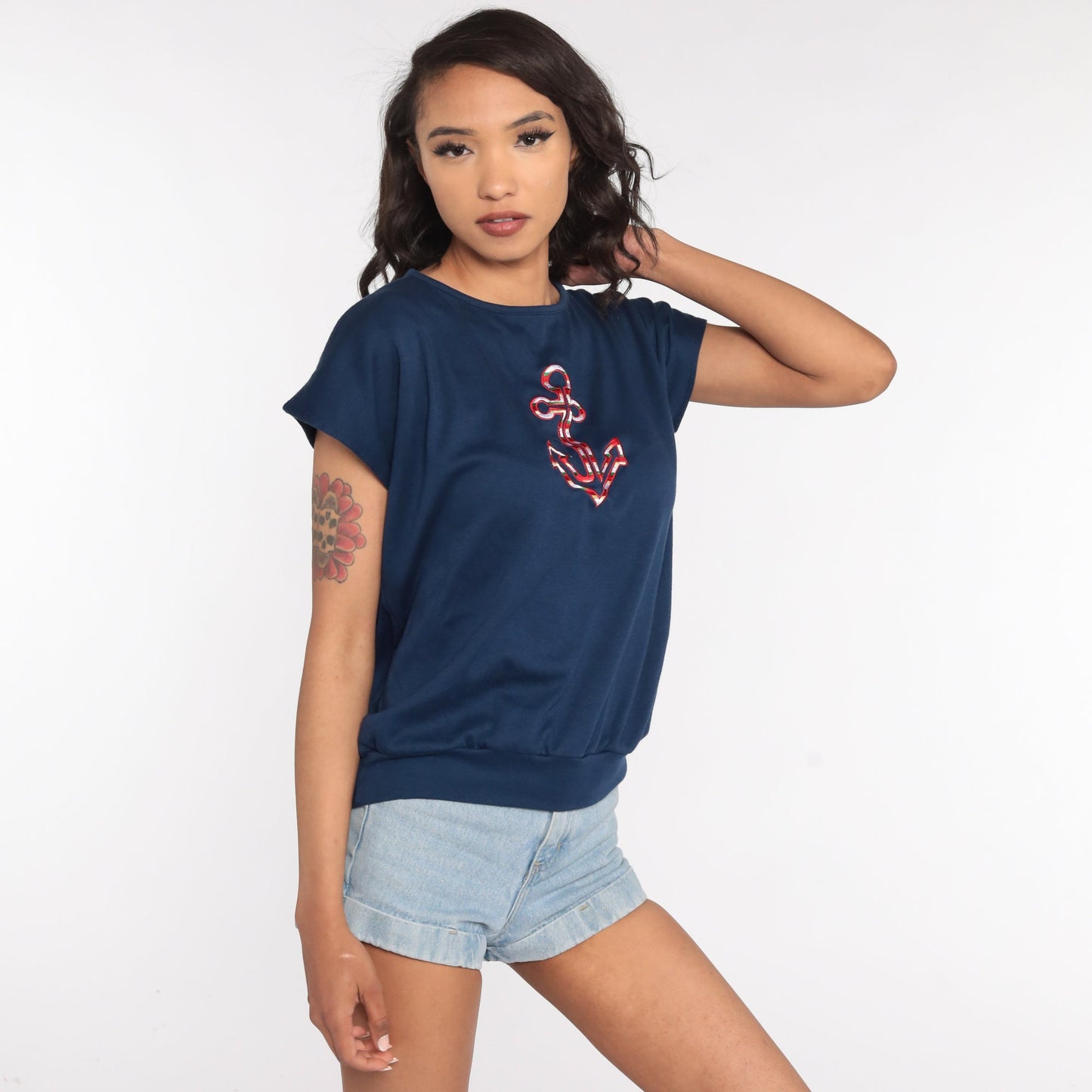 80s Navy Anchor Shirt Short Sleeve Slouchy Nautical Top Medium Large