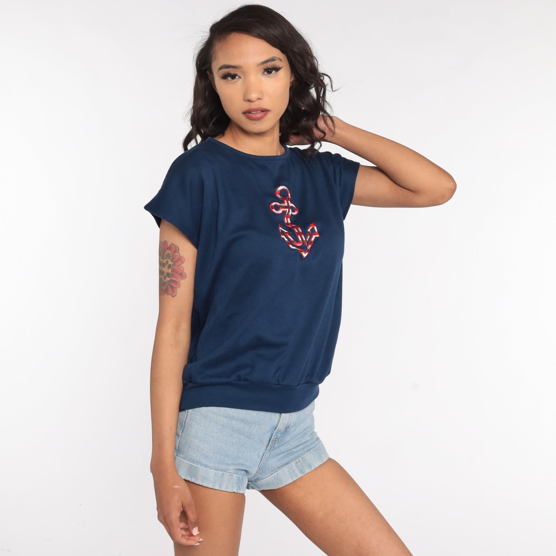 80s Navy Anchor Shirt Short Sleeve Slouchy Nautical Top Medium Large