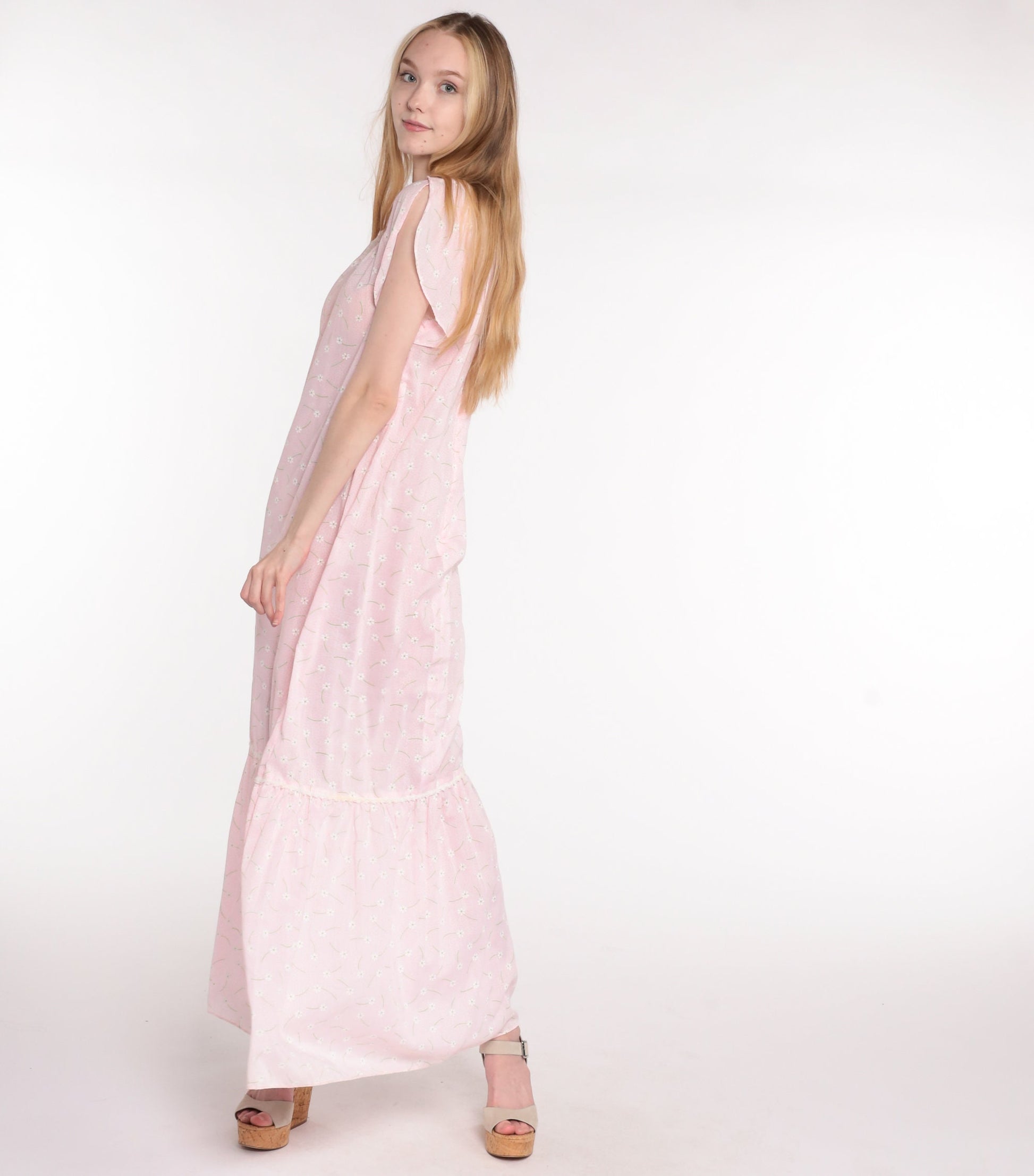 70s Pink Floral Maxi Dress Ditsy Print Semi-Sheer Cotton V-Neck Medium