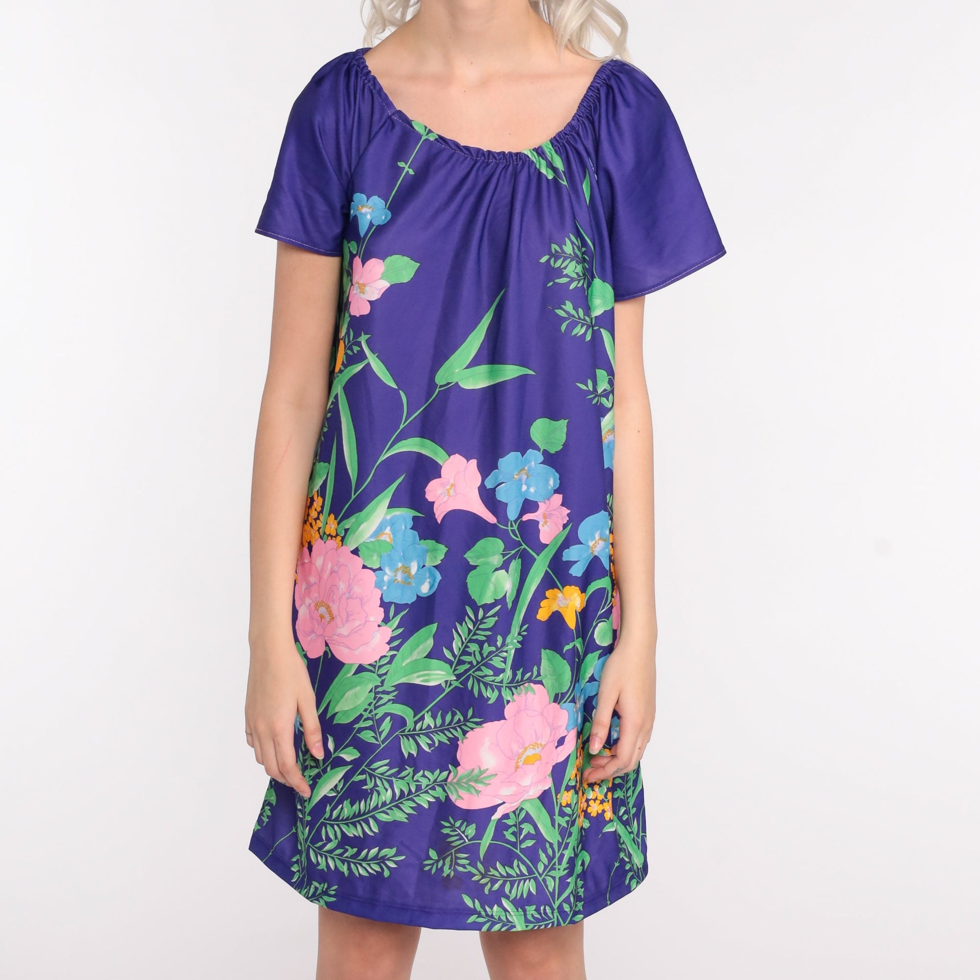 70s Tropical Floral Tent Dress Mini Hawaiian Tunic Medium Large