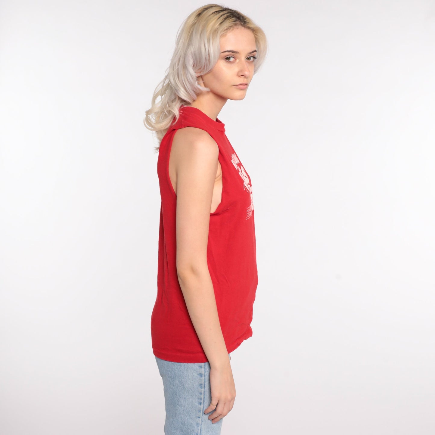 80s Screen Stars Reading Tank Top Graphic Sleeveless Tee Red Medium
